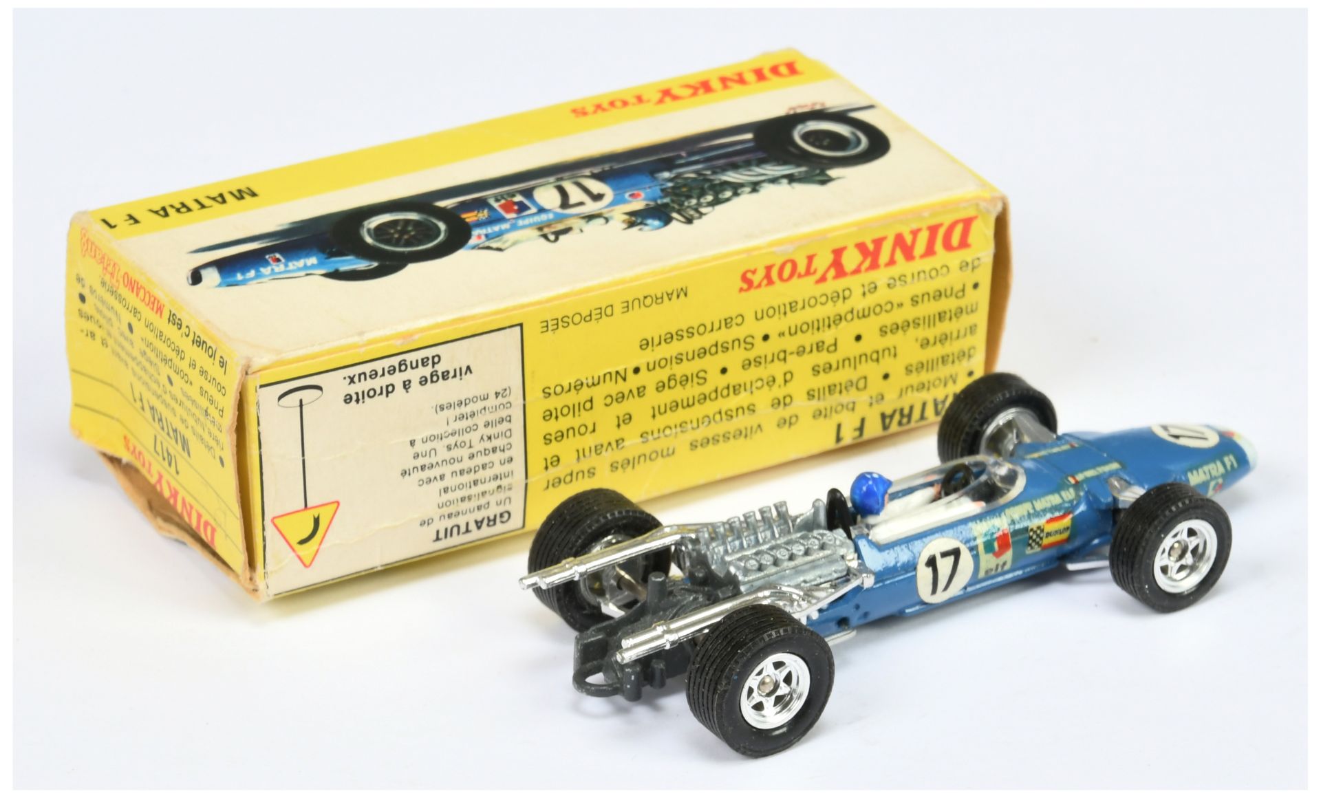French Dinky Toys 1417 Matra F1 racing Car - Blue body, white front flash with decals applied - Bild 2 aus 2
