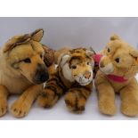 Steiff trio of plush animals: (1) Lioness; (2) Tiger; (3) German Shepherd