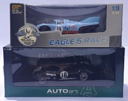 AutoArt and Universal Hobbies, a 1/18 scale mixed boxed pair to include Jaguar C-Type and Gulf Po...