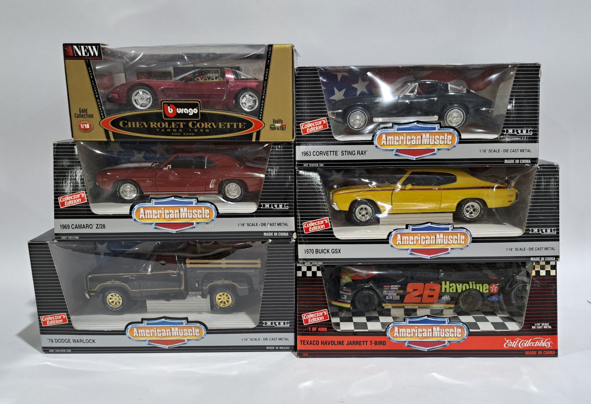 Ertl American Muscle & Bburago 1:18 scale, a boxed group of cars