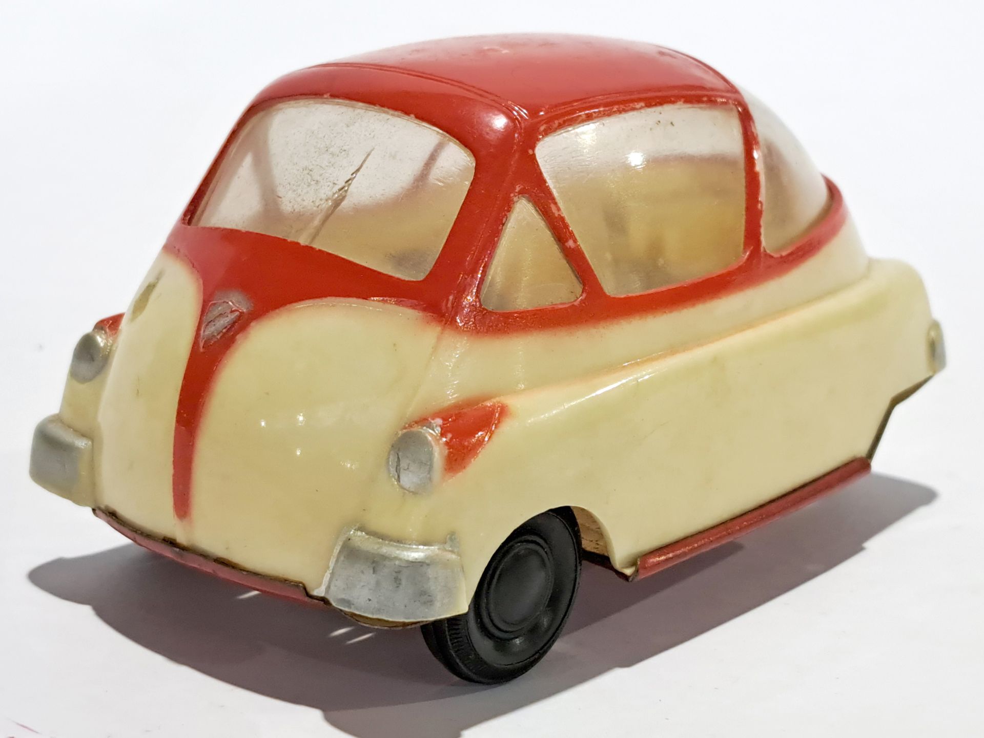 Unconfirmed maker, (possibly CH Clim Hermanos) vintage 1957 Isetta friction powered plastic car 