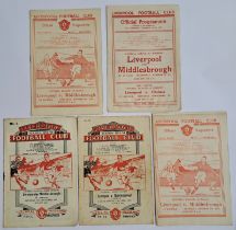 Liverpool V Middlesbrough 1940s & early 1950s Vintage Football Programmes.