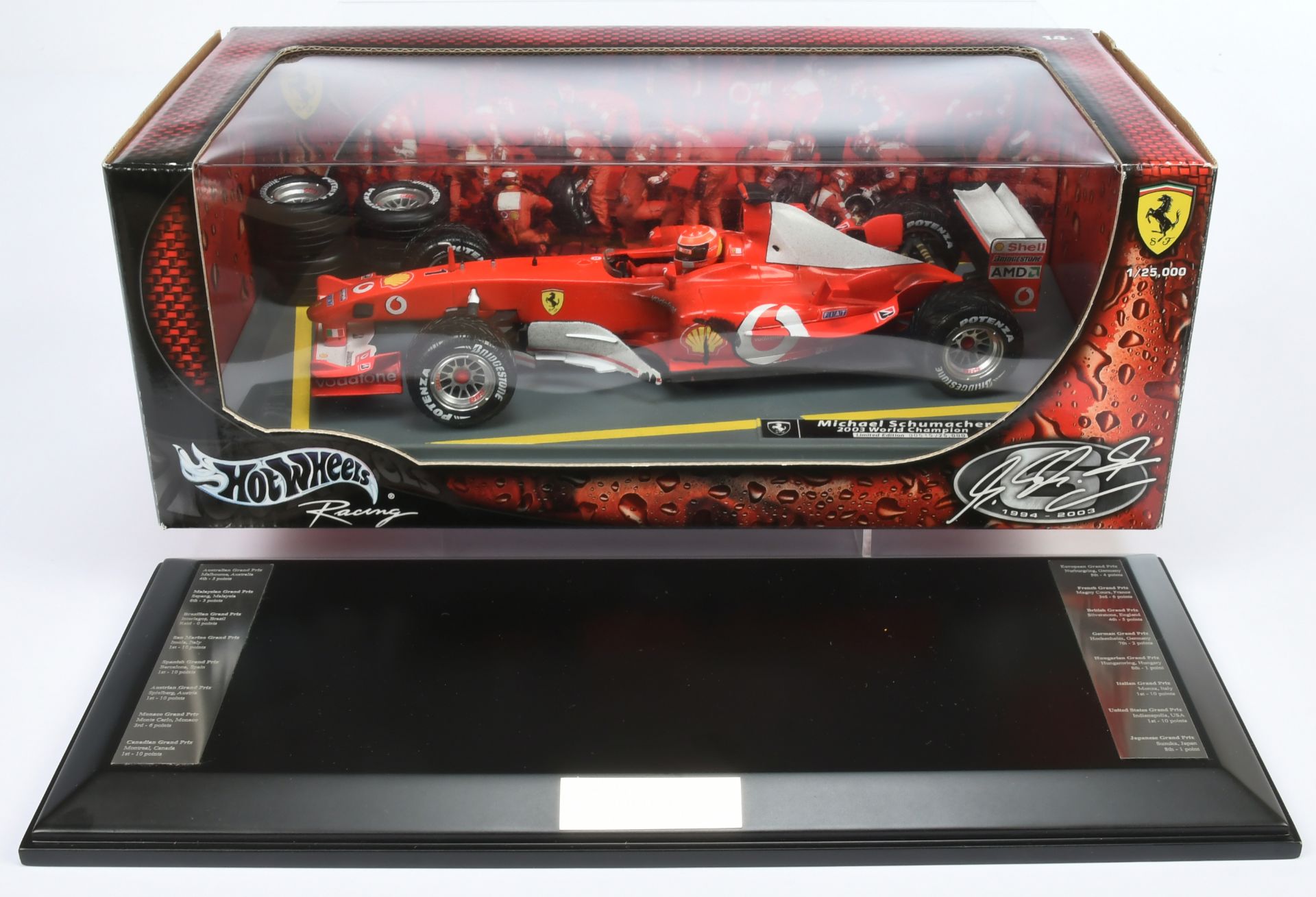 Hot Wheels 1/18th scale B1026 Ferrari M. Schumacher 2003 World Champion, also includes F 2003 Wor...