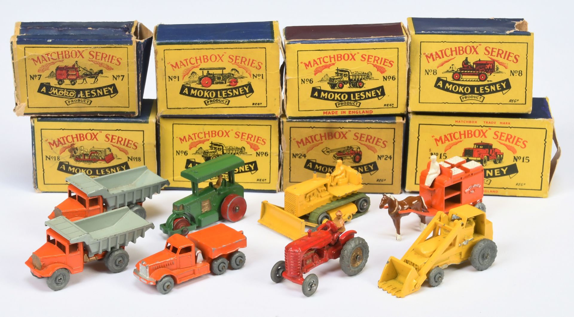 Matchbox Regular Wheel a group to include er; No.7A Horse Drawn Milk float, orange, white crates ...
