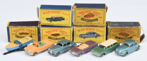 Matchbox unboxed Regular Wheels group to include 25b Volkswagen Beetle - metallic blue, grey plas...
