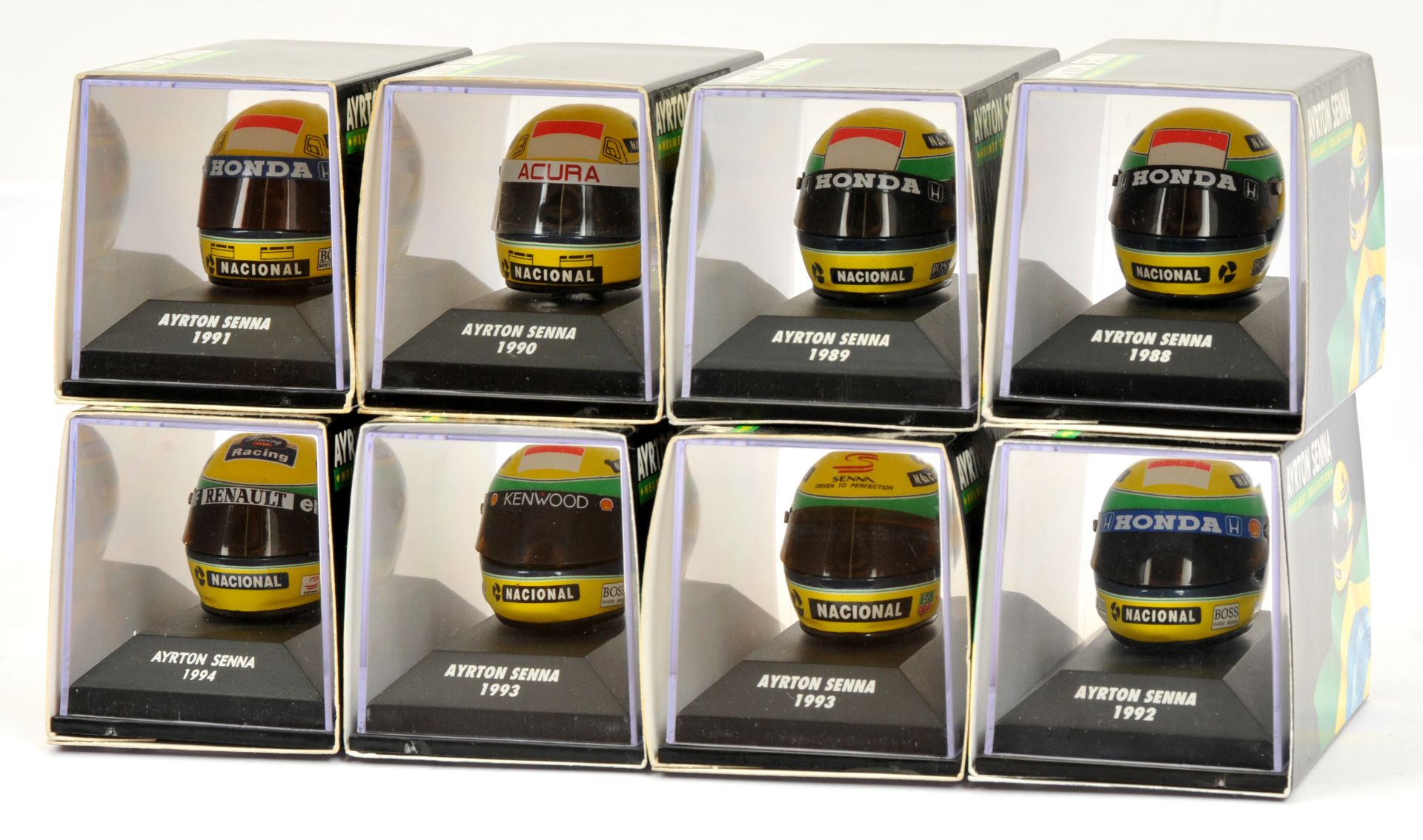 Ayrton Senna Racing Car Collection 1/8th scale F1 Helmet Collection 8 x individual boxed replica ...