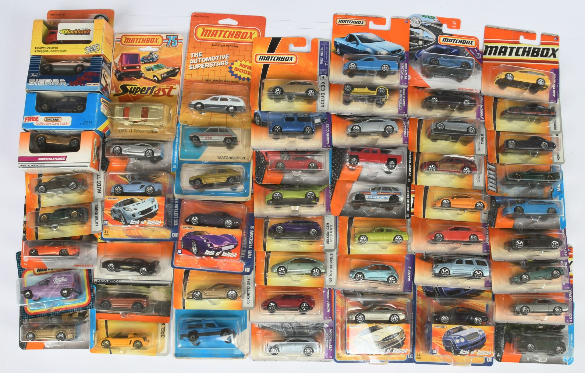 Matchbox, a group of boxed models including 37 Matra Rancho, 14 Chevy Silverado 1500, Lotus Evora...