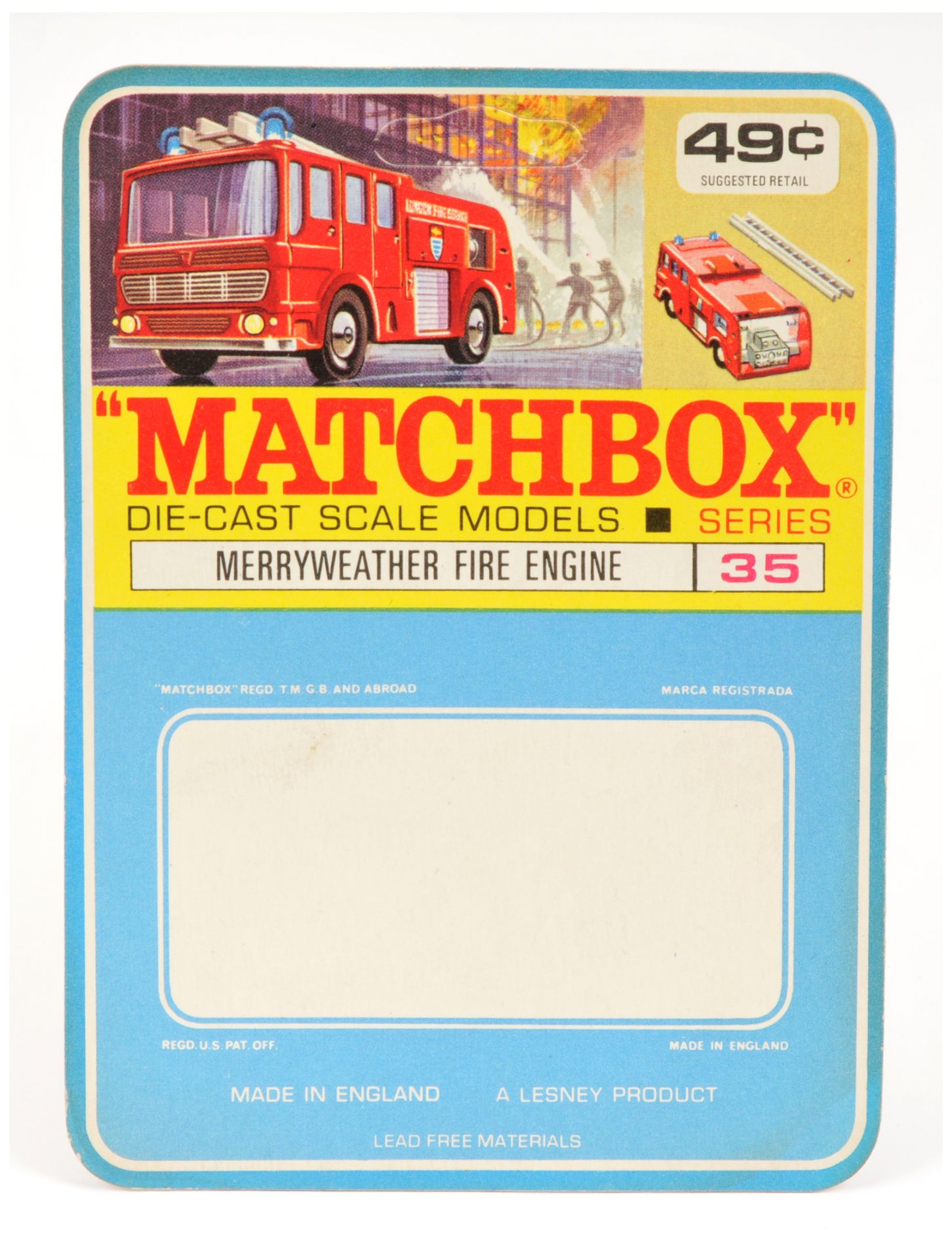 Matchbox Pinters Proof Sample Blister Pack Backing Card for the proposed 35c Merryweather Fire En...