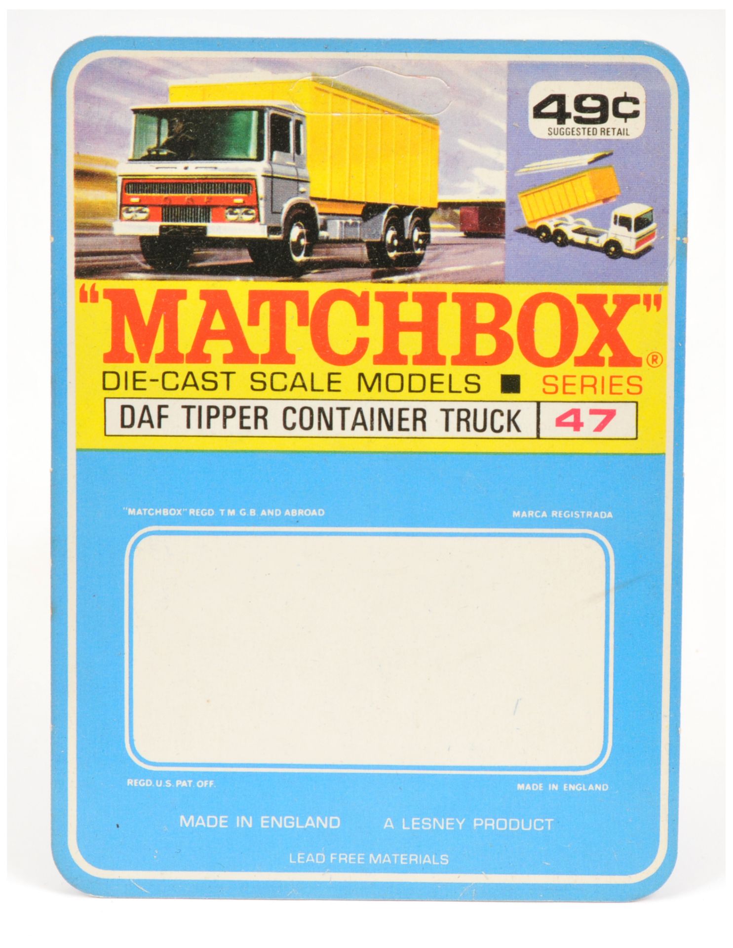 Matchbox Printers Sample North American Market Blister Pack Backing Card for 47c DAF Tipper Conta...