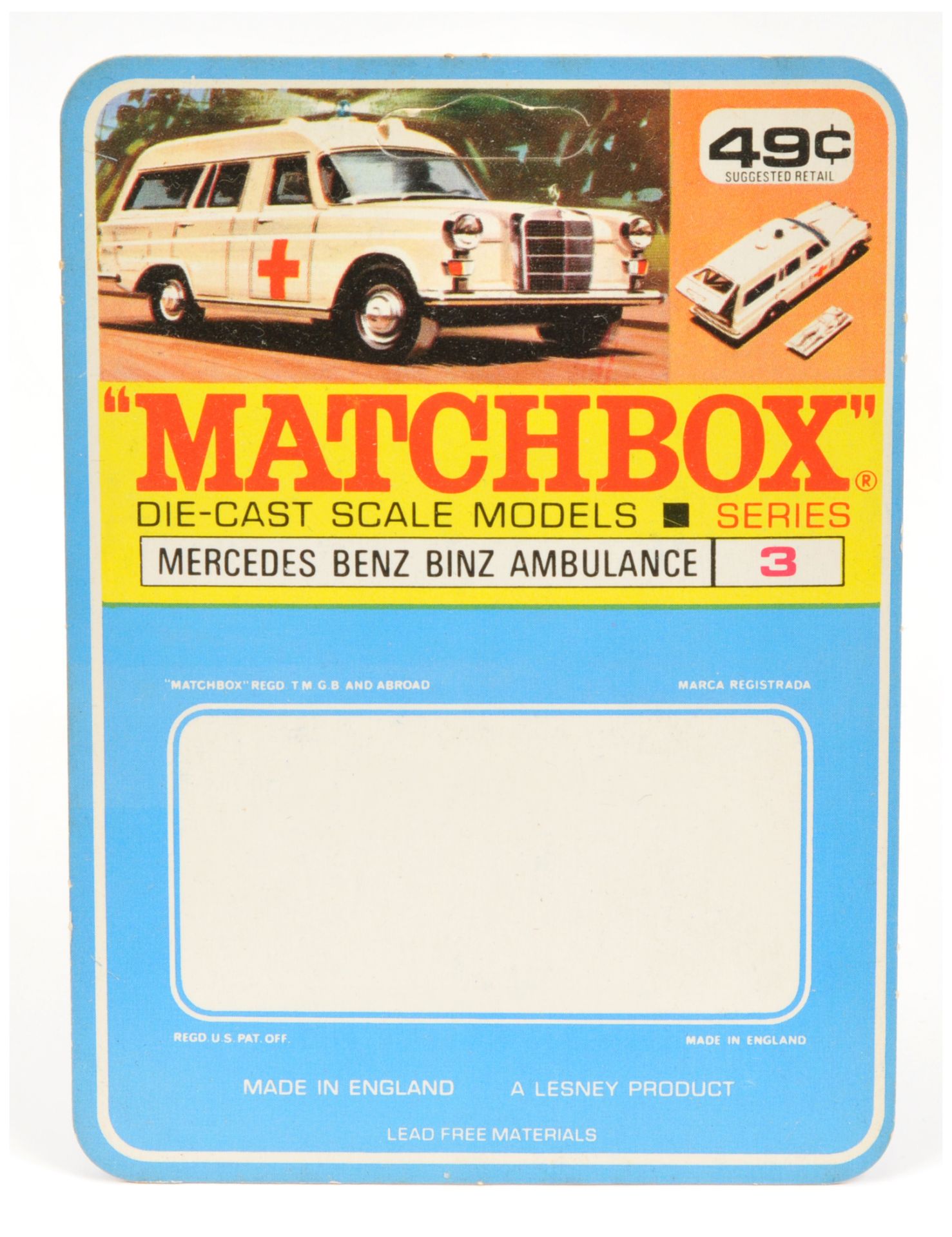 Matchbox Sample North American Market Blister Pack Backing Card for 3c Mercedes Benz Binz Ambulance