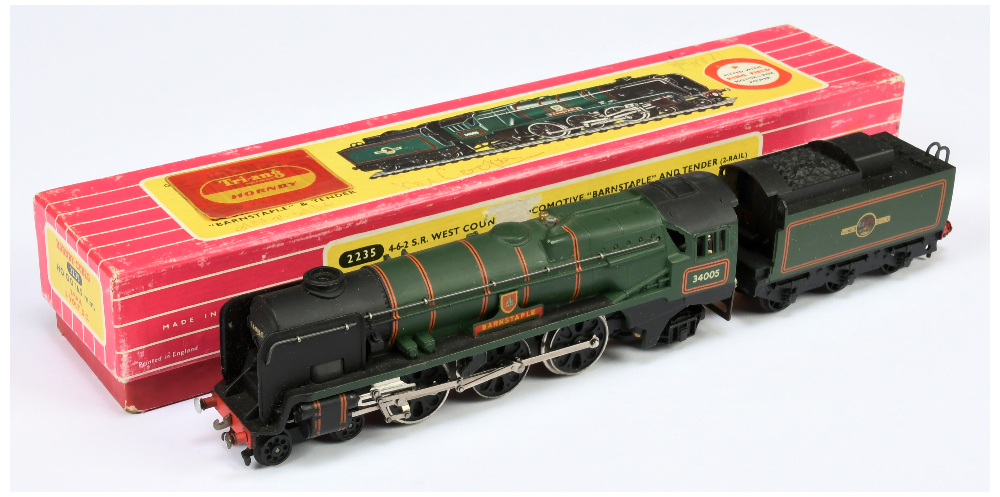 Hornby Dublo 2-rail 2235 4-6-2 BR green rebuilt West Country Class No.34005 "Barnstaple" with RAR...