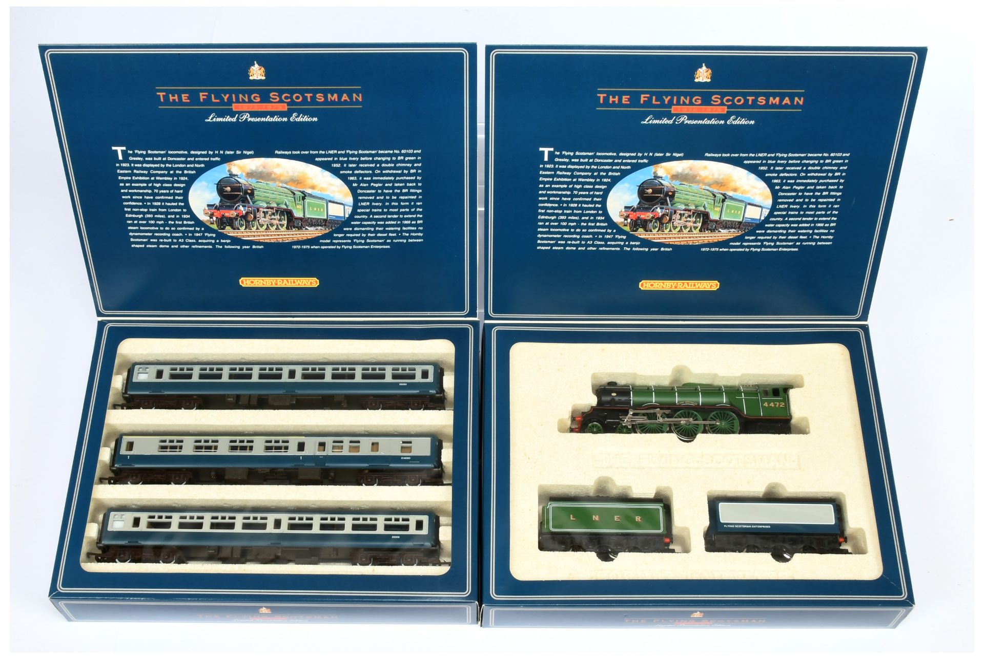 Hornby (GB) R098 Flying Scotsman Two Tender Set and R089 Flying Scotsman 3 Blue/Grey Coach set. B...