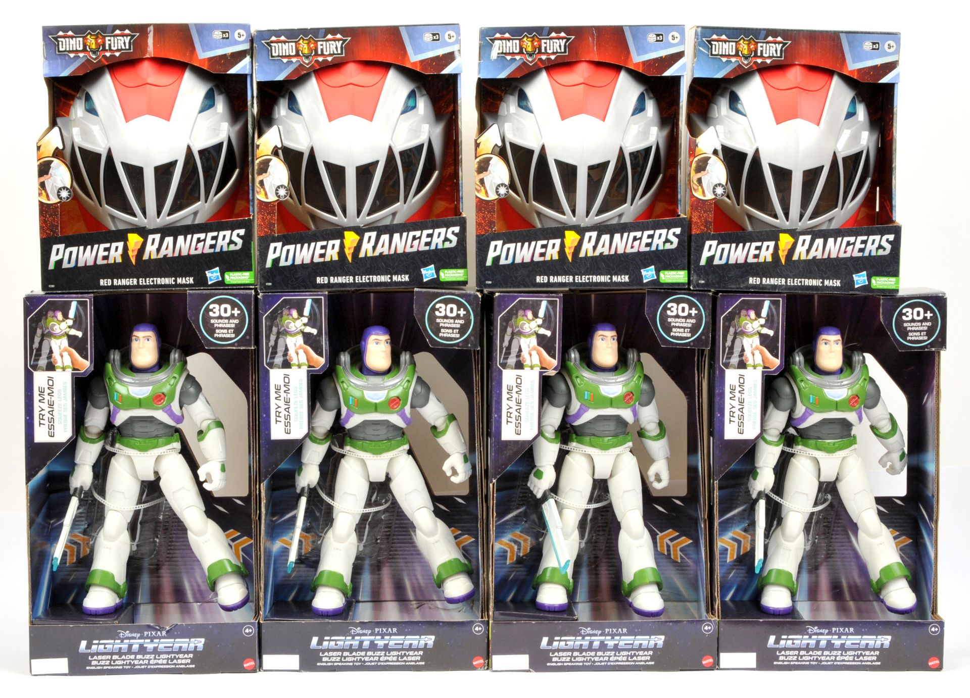 Mattel Disney Pixar Laser Blade Buzz Lightyear figures x 4 and Power Rangers Dino Fury Masks x 4
