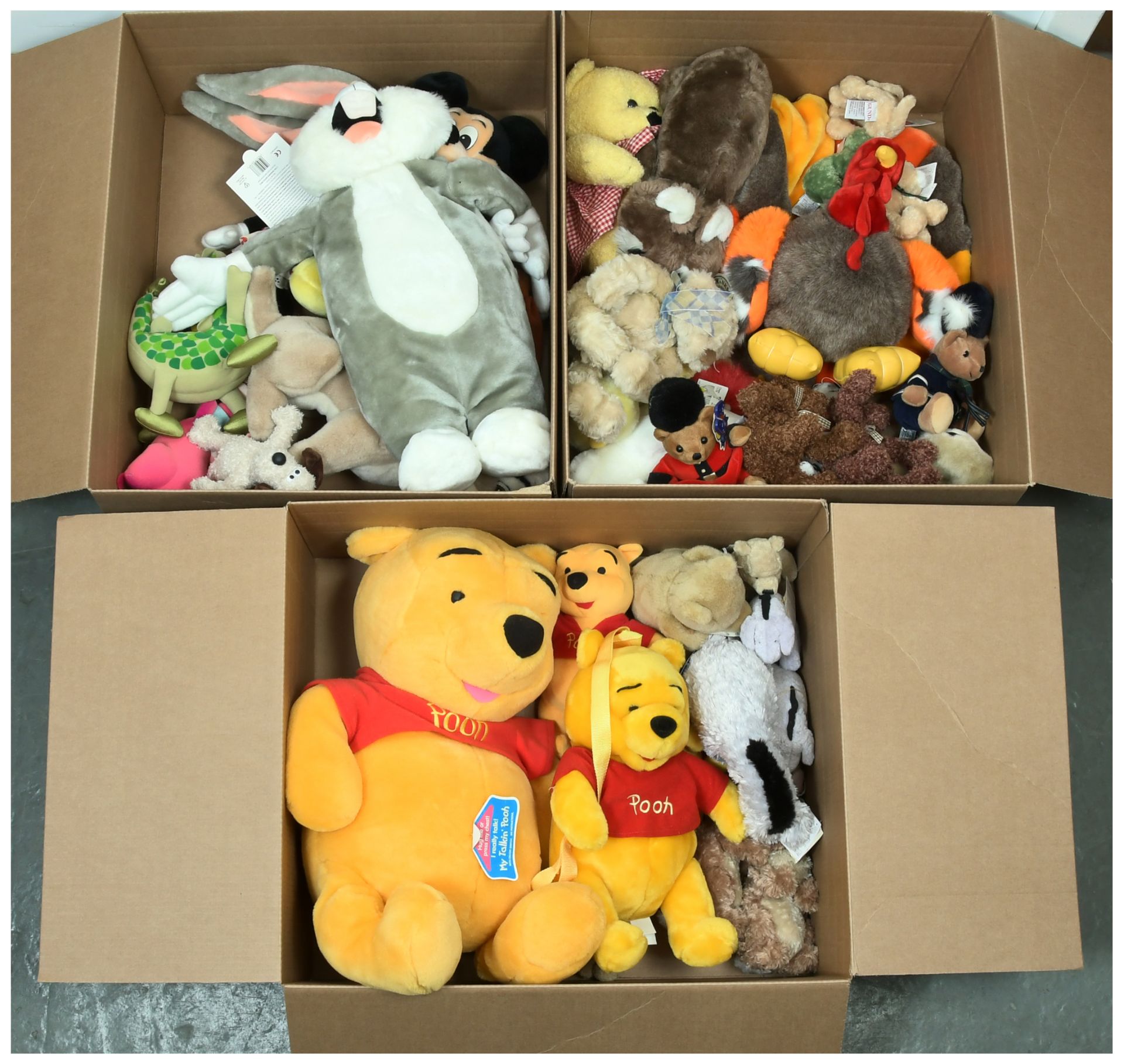 Large collection of plush teddy bears and animals, including Winnie the Pooh, Disney, and others