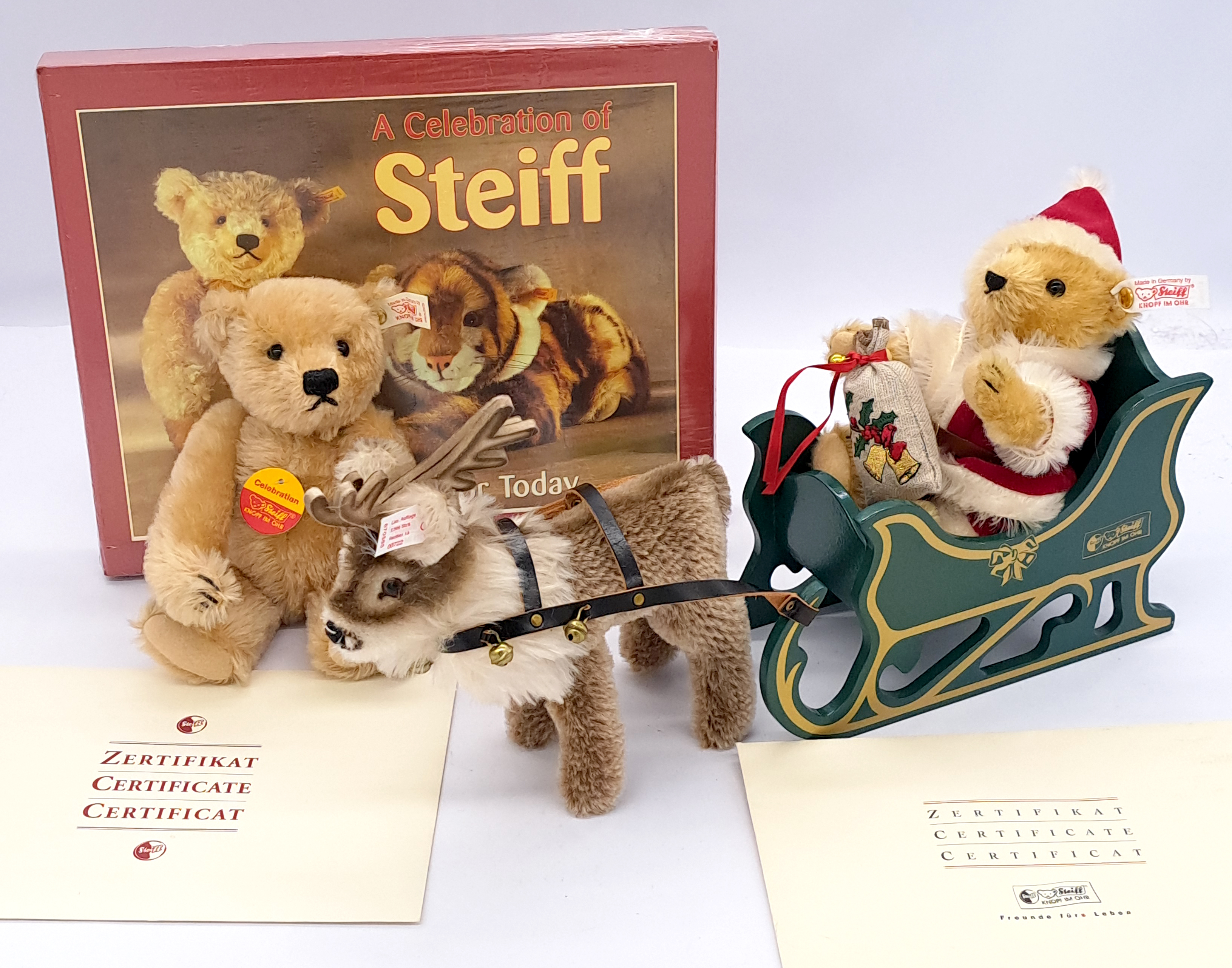 Steiff Father Christmas Teddy Bear with Reindeer, plus "A Celebration of Steiff" teddy bear and book