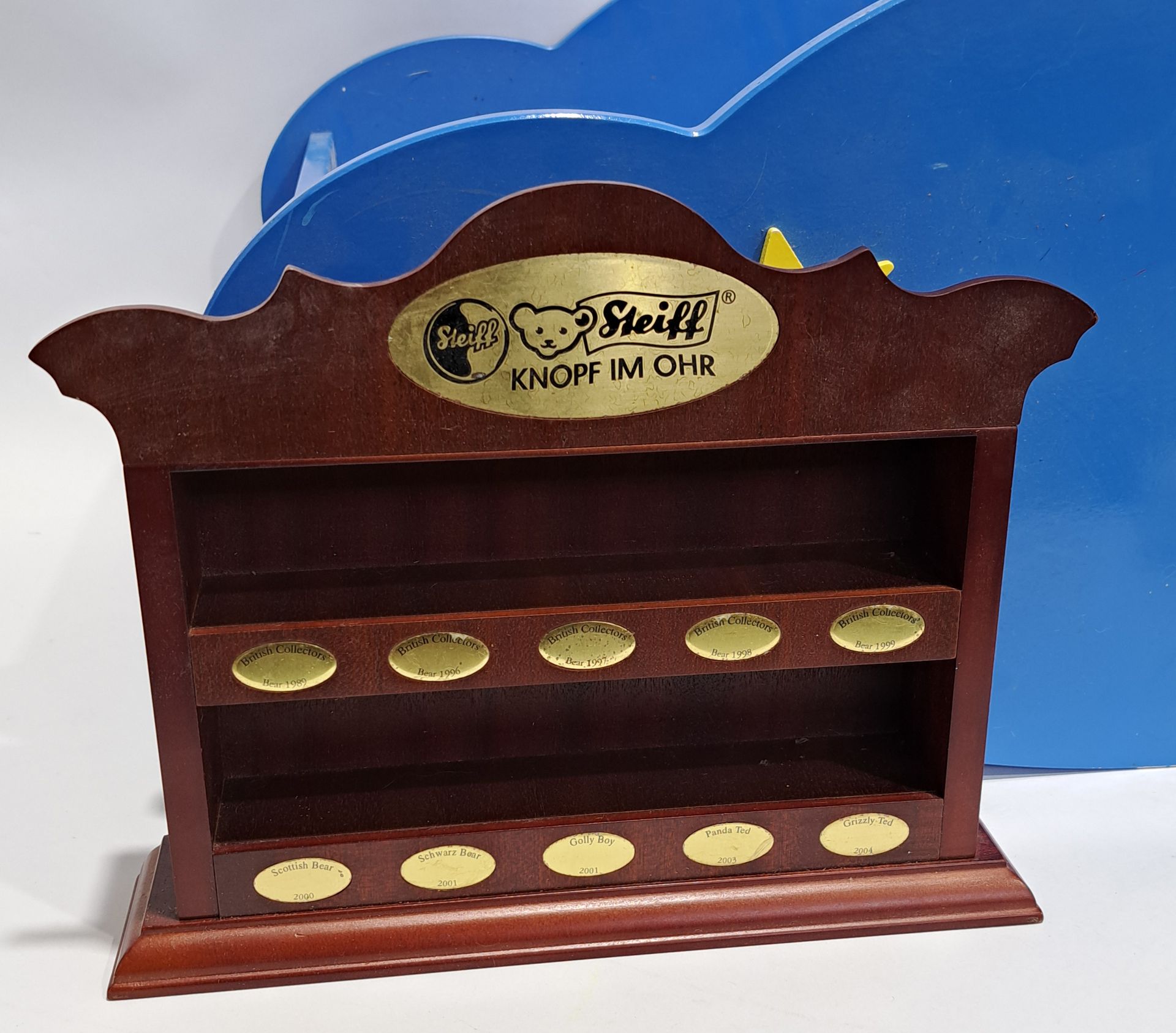 Steiff display cloud rocker, plus wooden display case and Steiff posters - Image 2 of 4