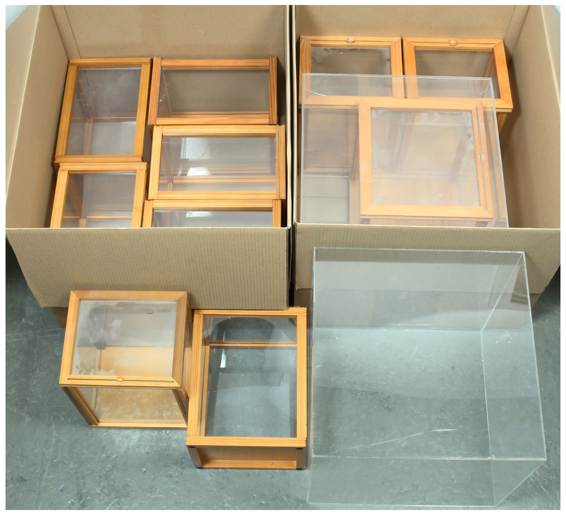 Quantity of wood/perspex display cases and perspex cubes
