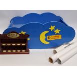 Steiff display cloud rocker, plus wooden display case and Steiff posters