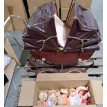 Prince Products Made in England vintage twin pram, plus assorted dolls