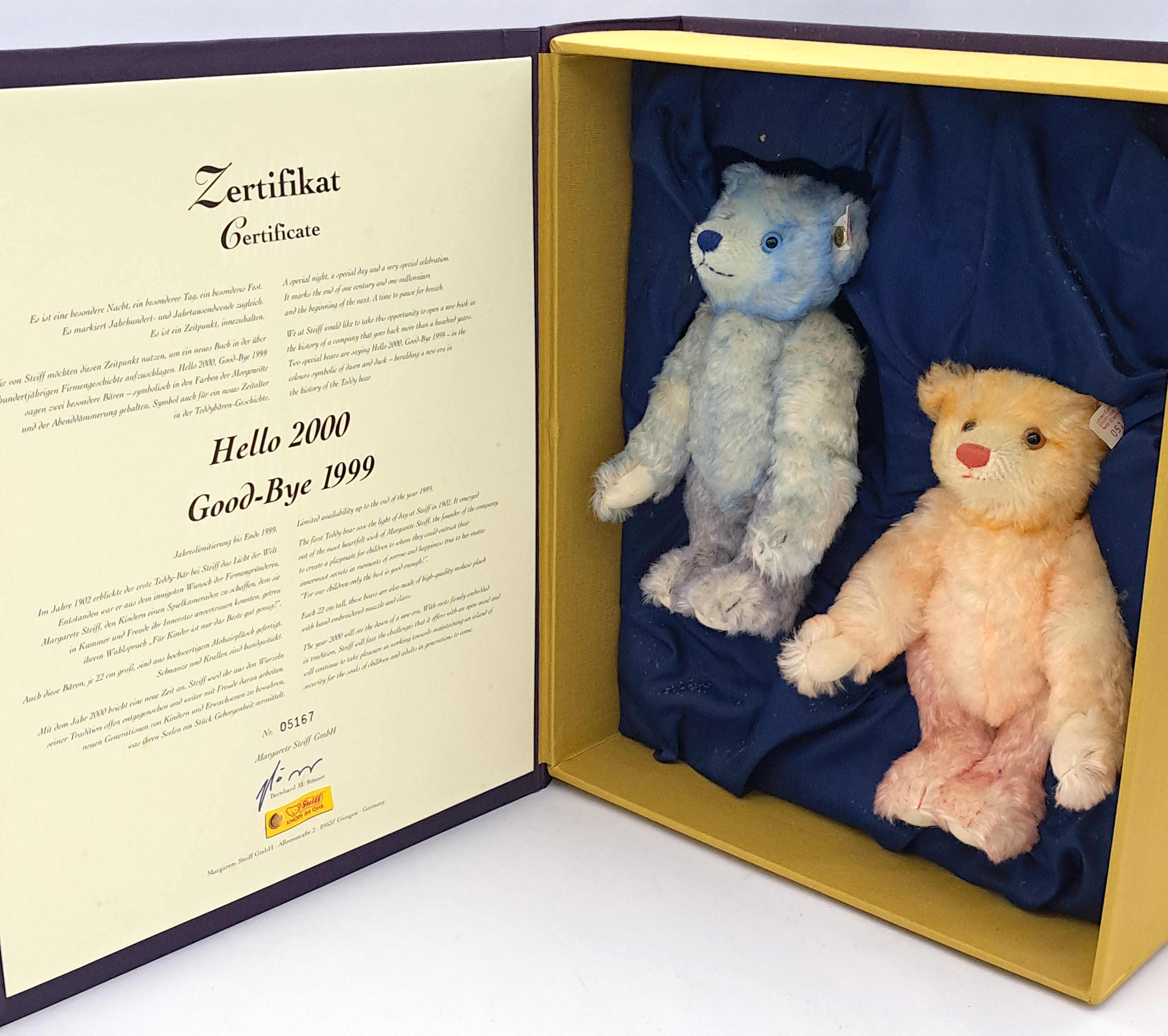 Steiff Hello 2000 Goodbye 1999 Teddy Bear set, white tag 670367, limited to year, comprising blue...