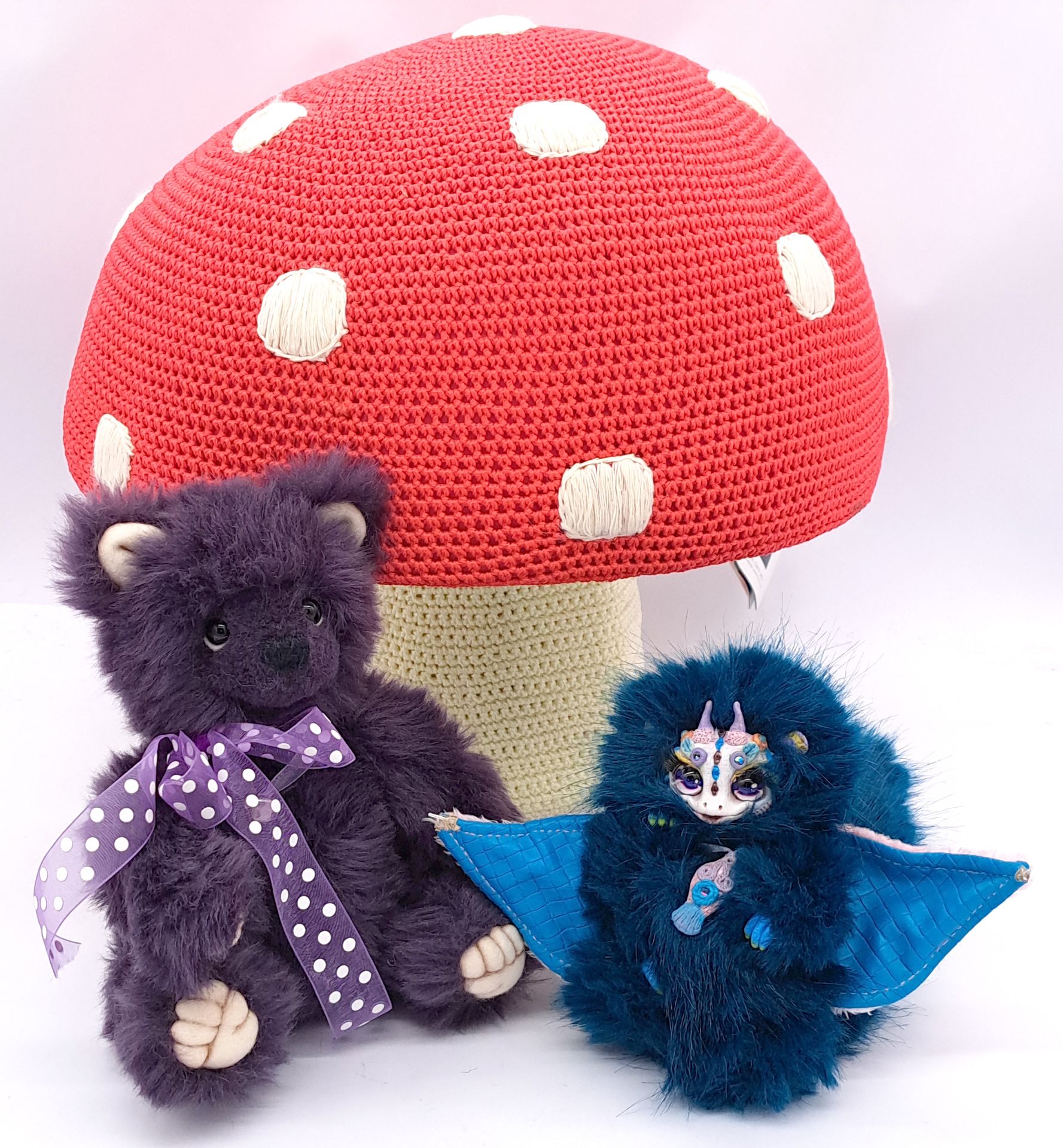 Artist teddy bear pair plus crochet toadstool pouffe