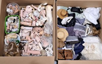 Large collection of antique/vintage/modern doll parts, plus doll's clothes