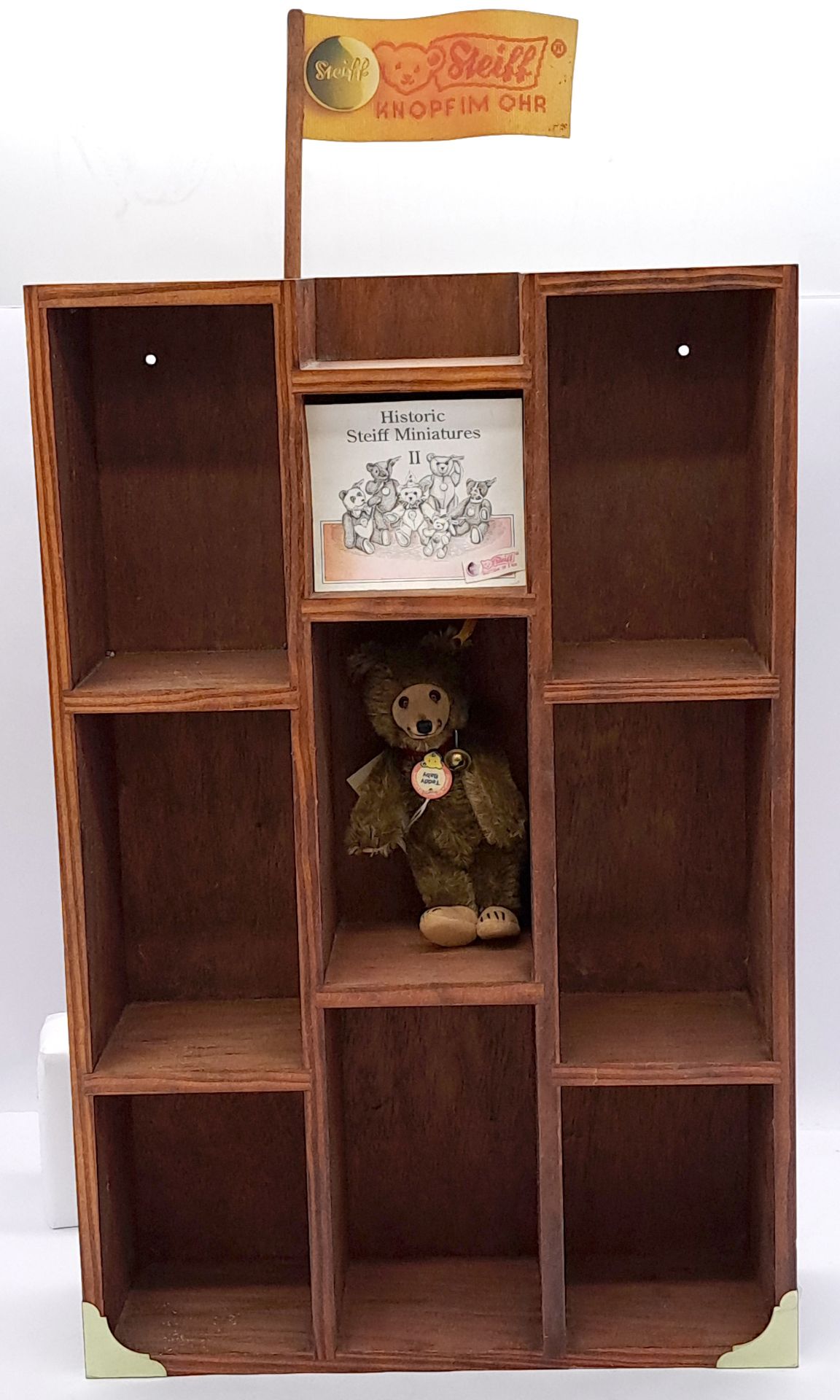 Steiff Historic Miniatures II Display wooden shelving, plus Teddy Baby miniature