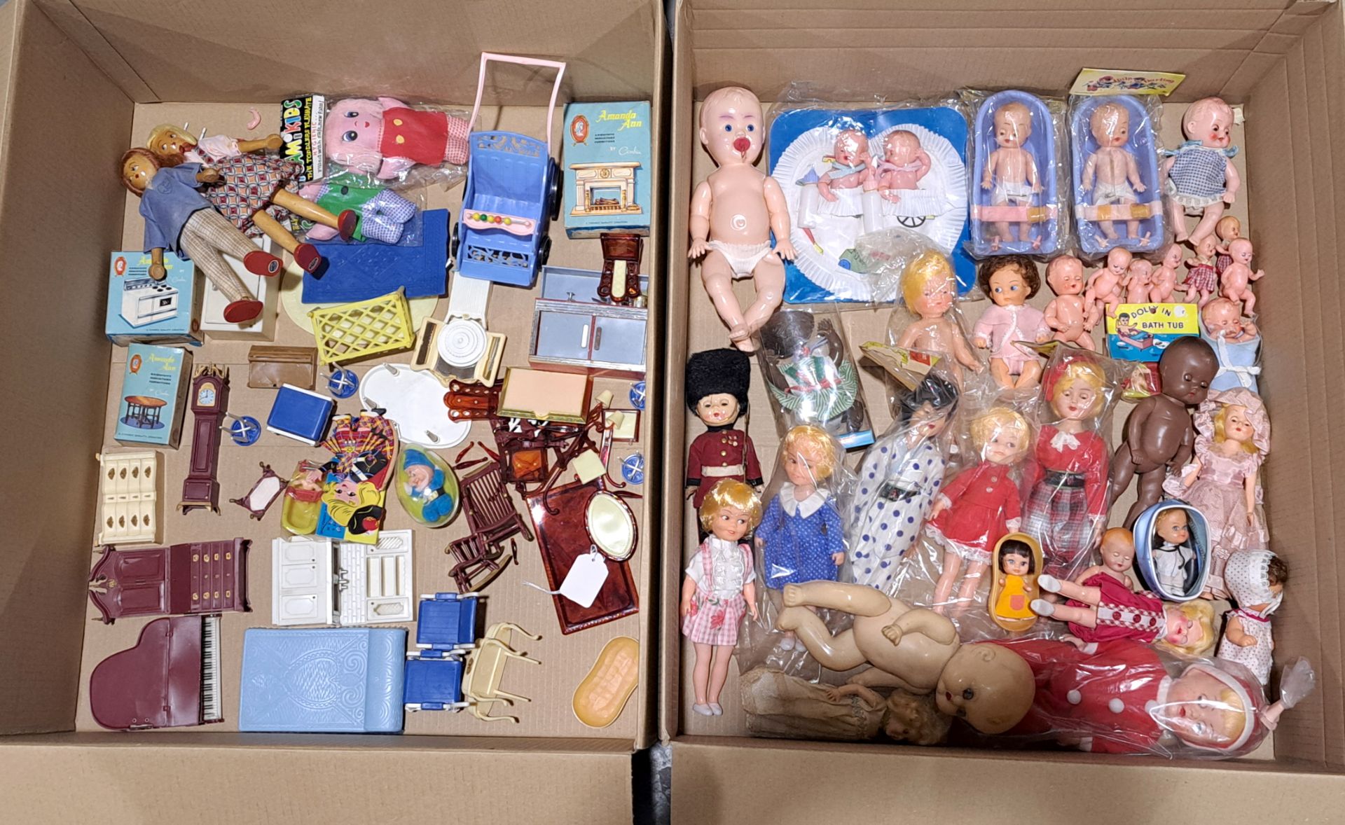 Collection of vintage celluloid, hard plastic and vinyl dolls, plus doll's house furniture
