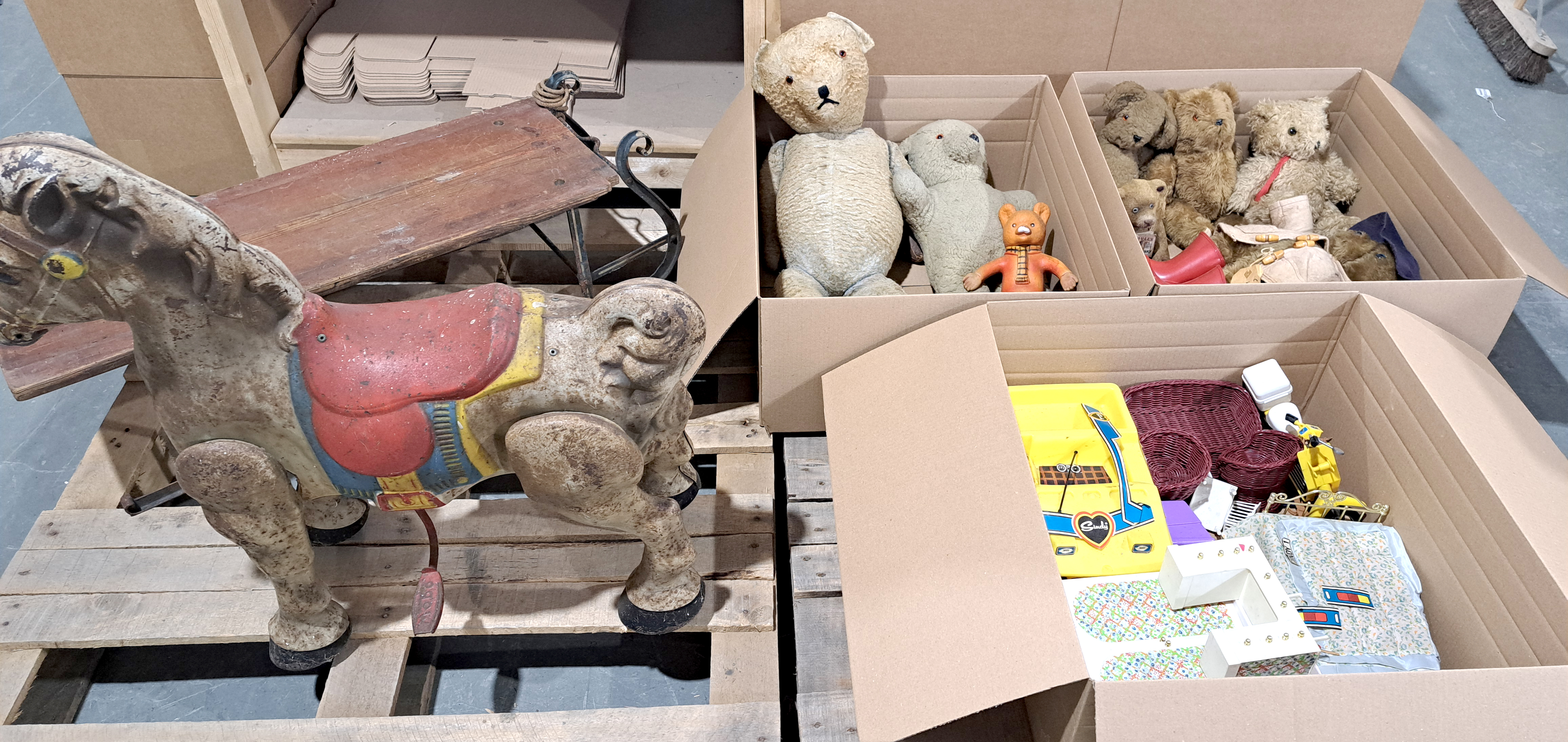 Mixed lot including vintage sled, mobo horse, vintage teddy bears, Sindy and others