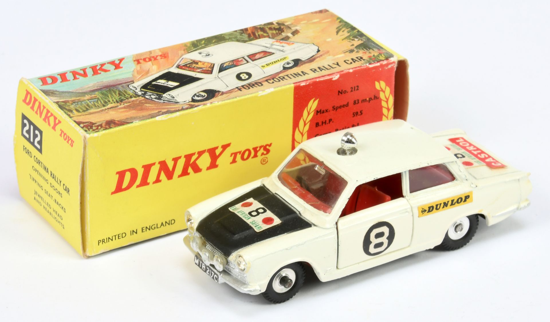 Dinky 205 Ford Cortina Rally Car - off white body, black bonnet, red interior, chrome roof light ...