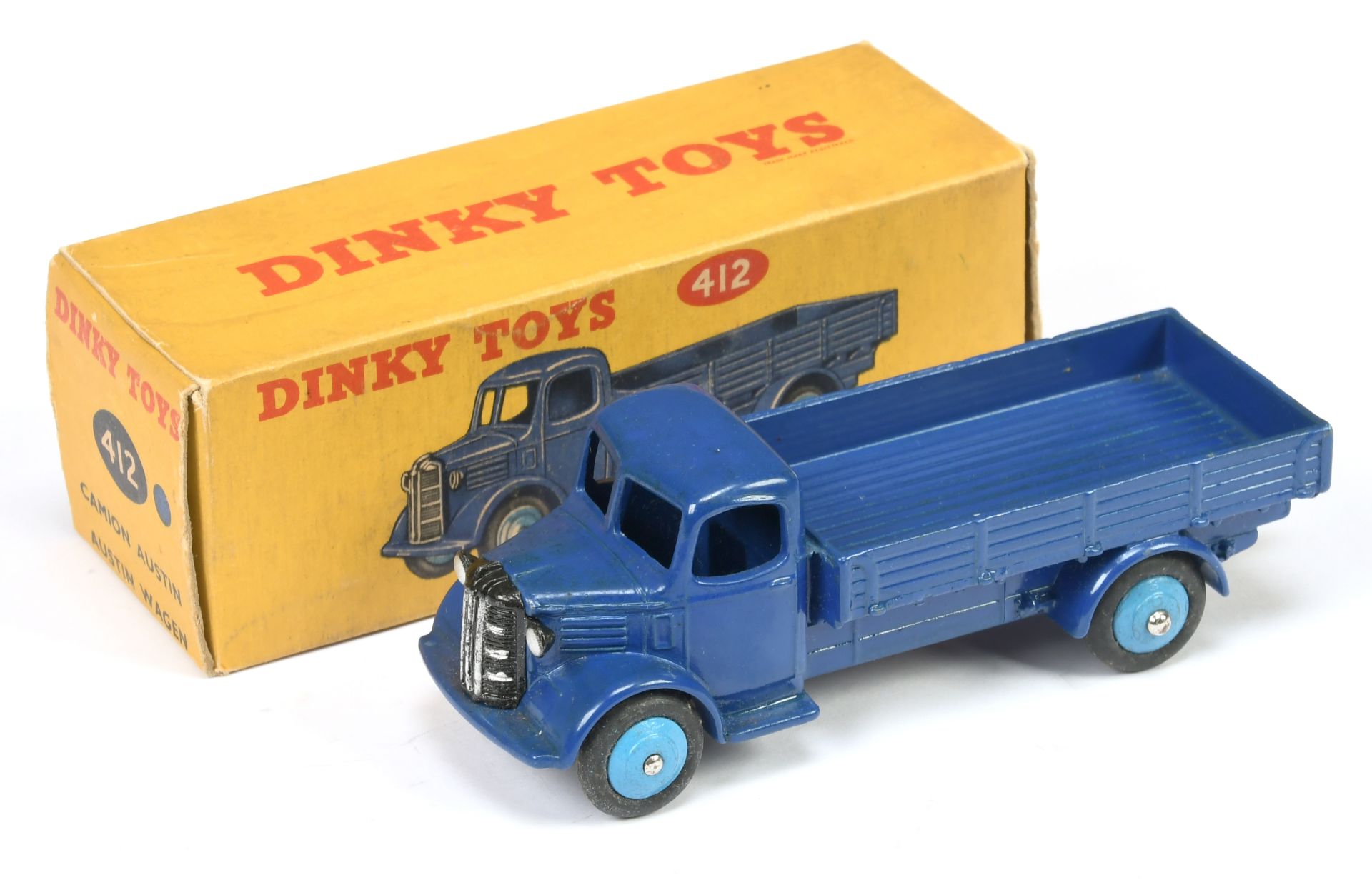 Dinky Toys 412  Austin Open back Wagon - Blue body, chassis and back, mid-blue rigid hubs with sm...