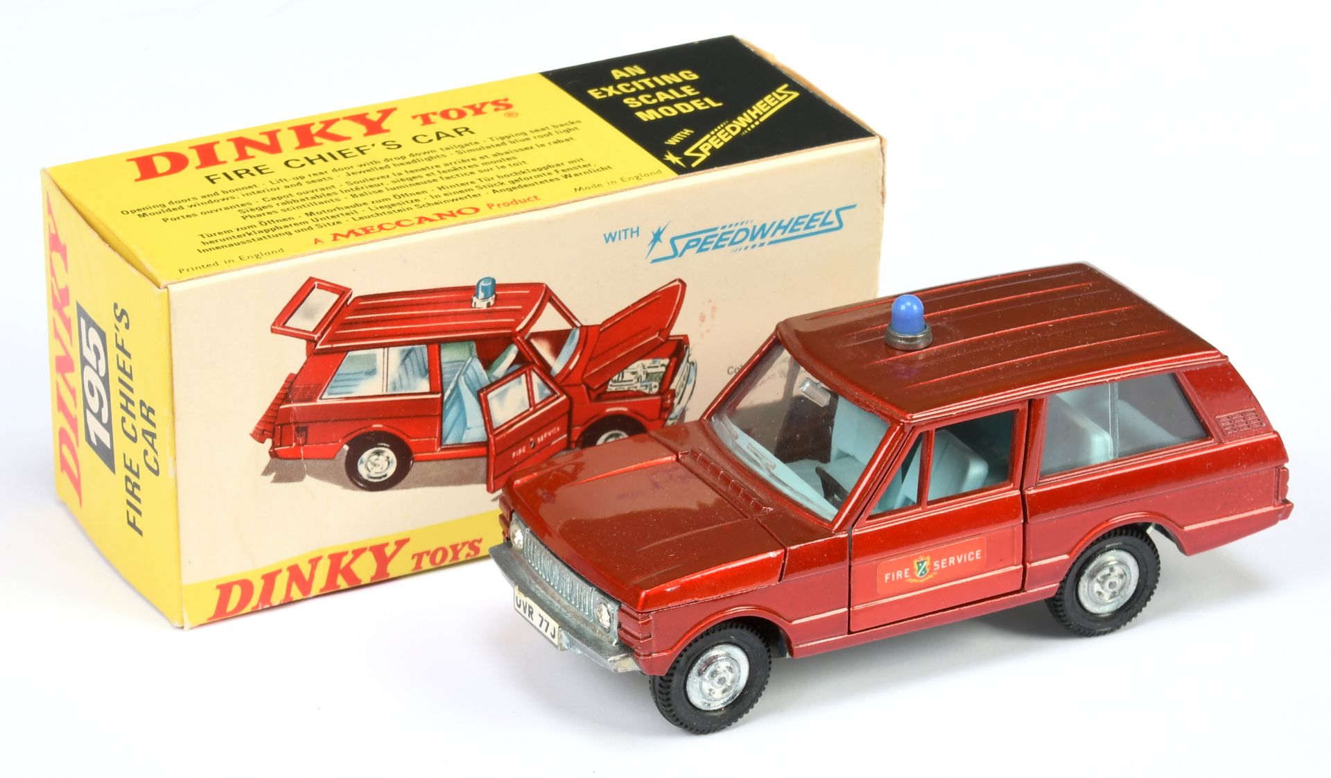 Dinky Toys 195 Range Rover "Fire Chief" - Metallic red body, light blue interior, mid-blue solid ...