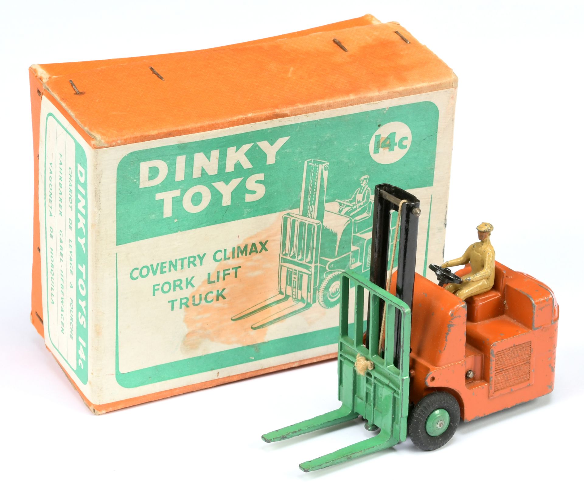 Dinky Toys 14C Coventry Climax Fork Lift Truck - Burnt orange body, black mast, mid-green forks a...