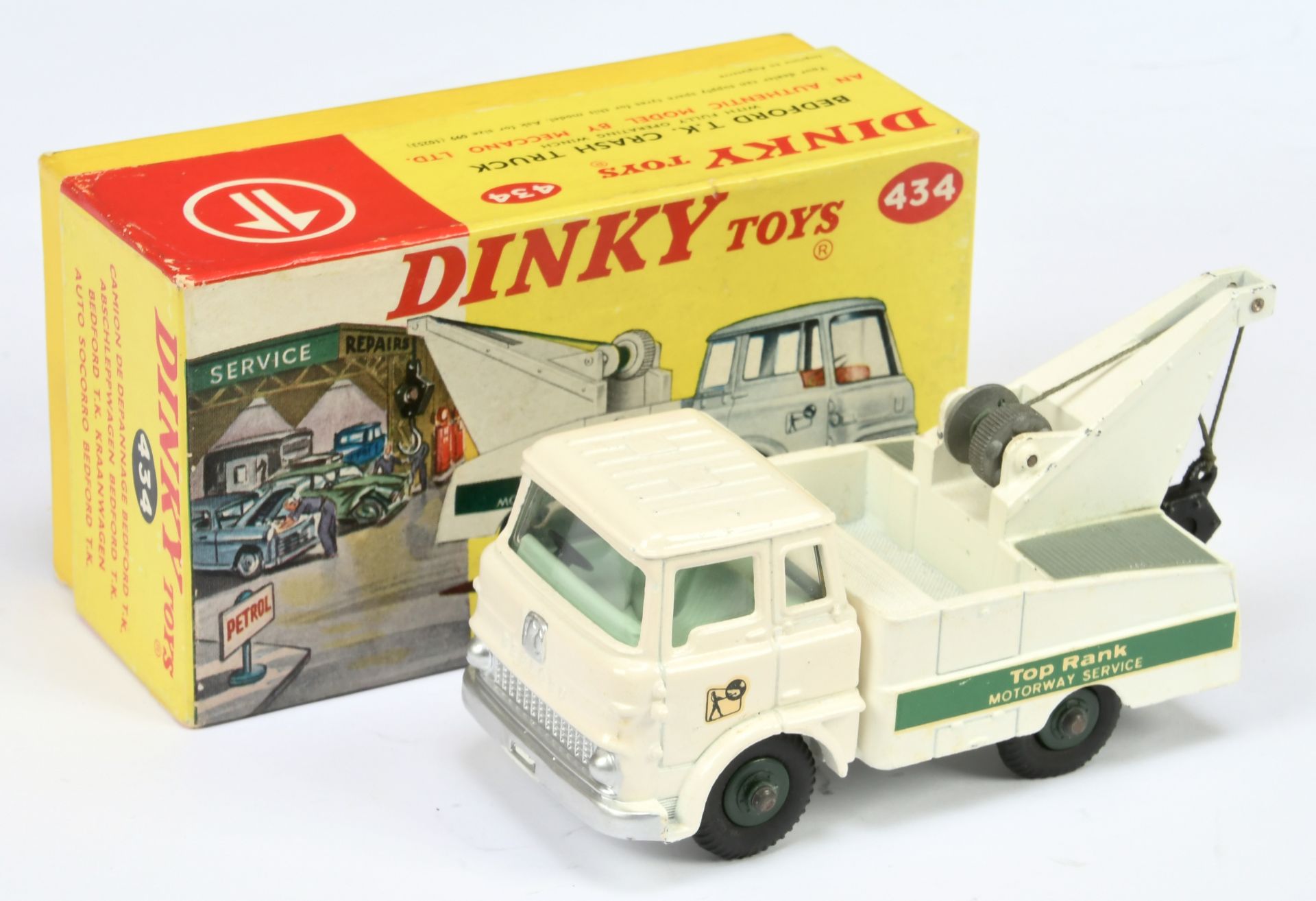 Dinky Toys 434 Bedford Tk Crash truck "Top Rank Motorway Services" - White cab and back, grey pla...