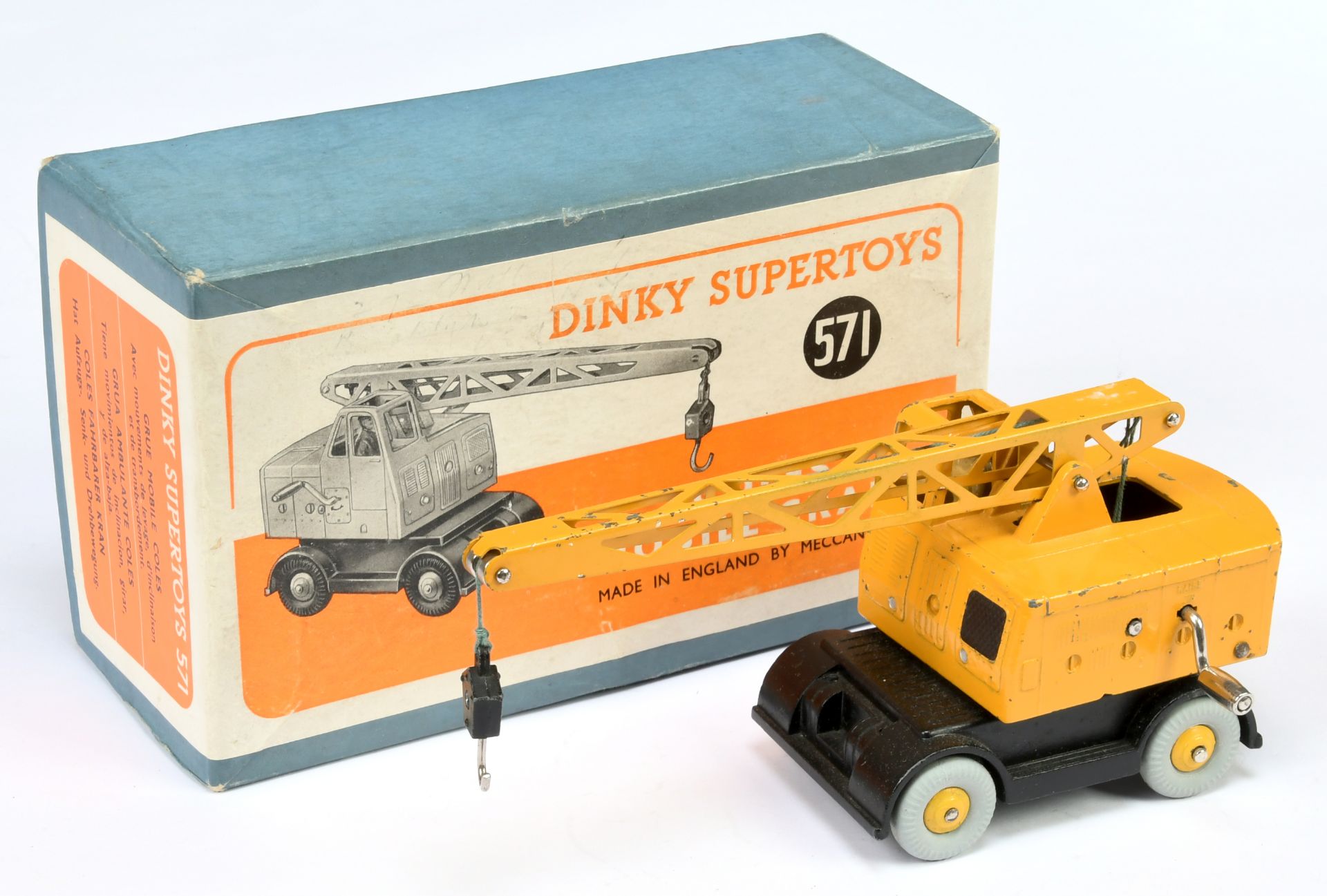 Dinky Toys 571 "Coles" Mobile Crane - Deep yellow body and jib, black base, bright yellow rigid h...