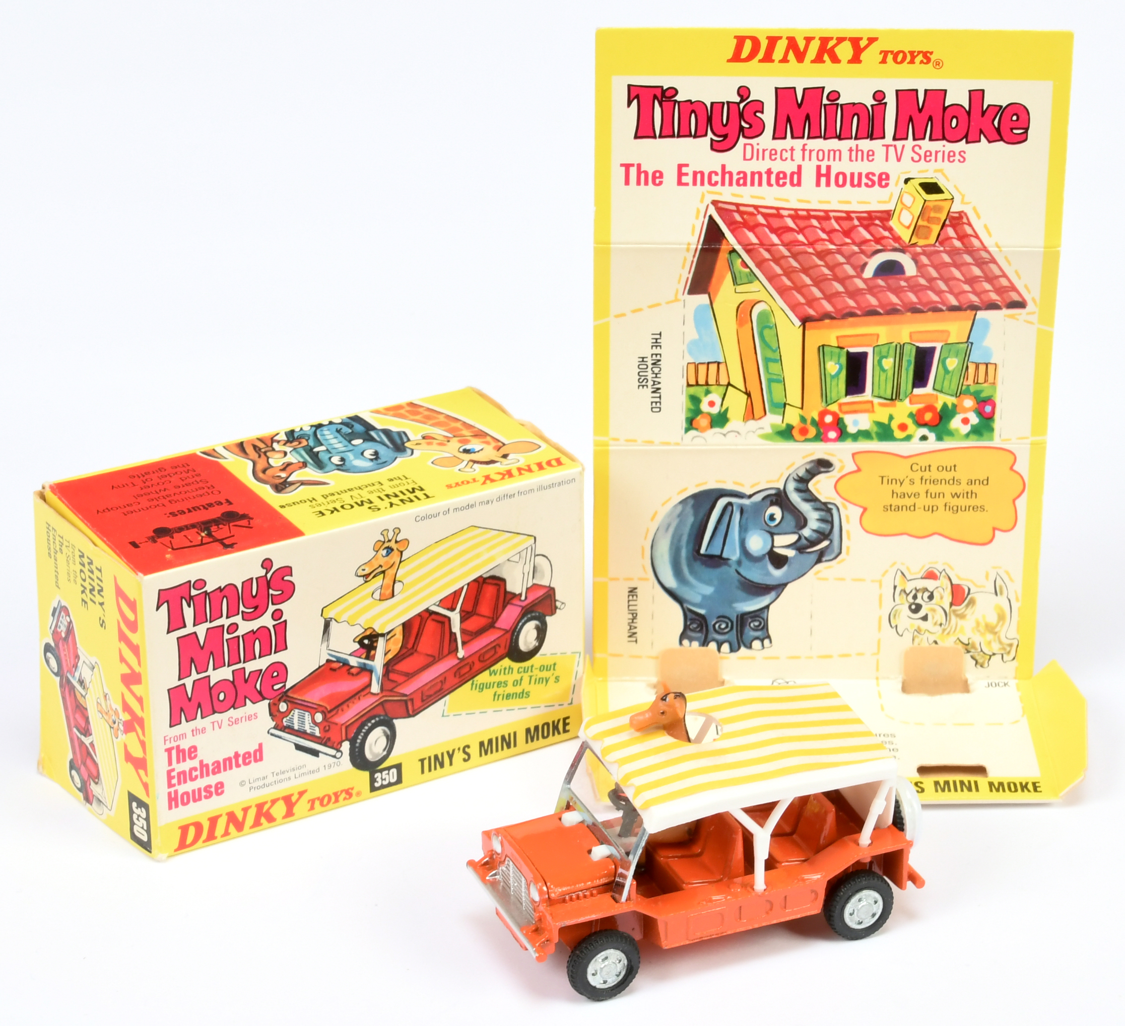 Dinky Toys 350 "Tiny's" Mini Moke from "The Enchanted House" - Orange body, silver trim, cast hub...