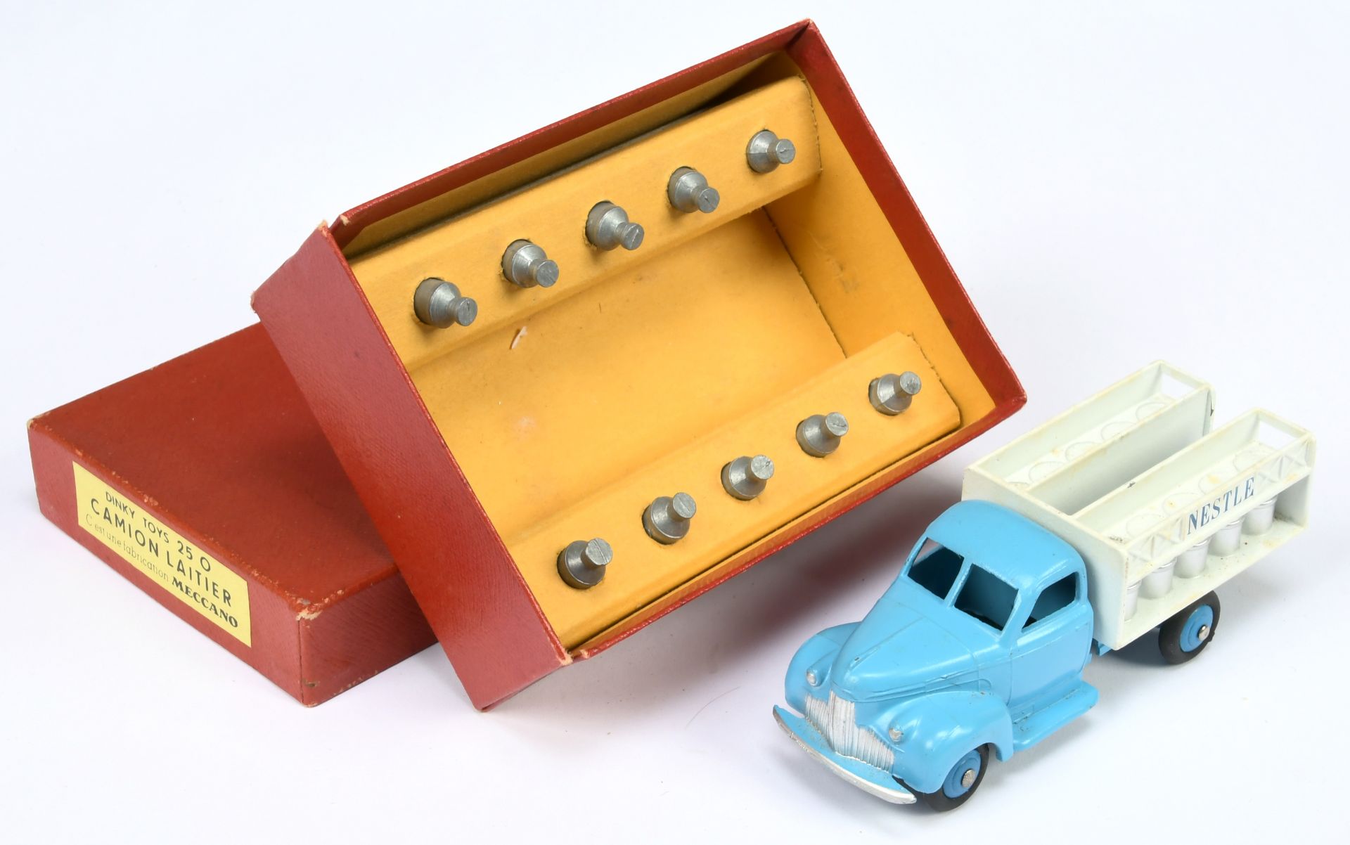 French Dinky Toys 25O Studebaker "Nestle's" Milk Delivery Truck - Light blue cab and chassis, whi...