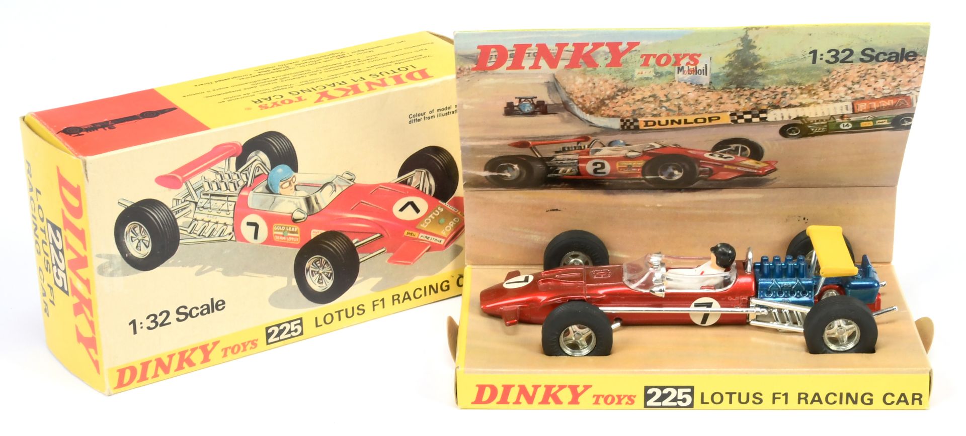 Dinky 225 Lotus F1 Racing Car - Metallic red body, blue engine, yellow rarer spoiler, figure driv...
