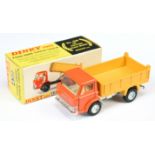 Dinky Toys 438 Ford D800 Tipper Truck - Orange cab, deep yellow back, silver chassis, white inter...