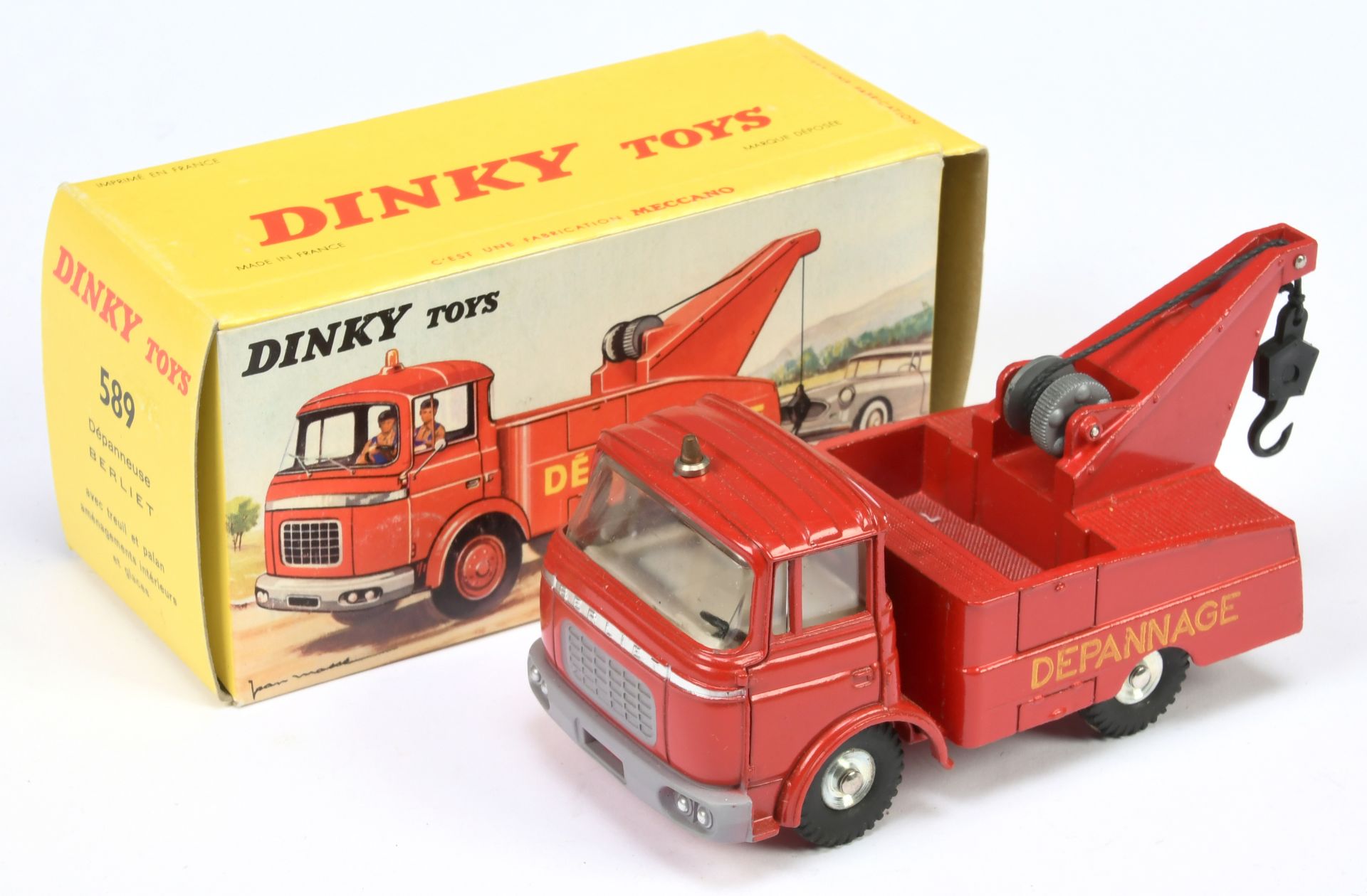 French Dinky Toys 589 Berliet Breakdown Truck - Red body, back and jib, ivory interior, chrome co...