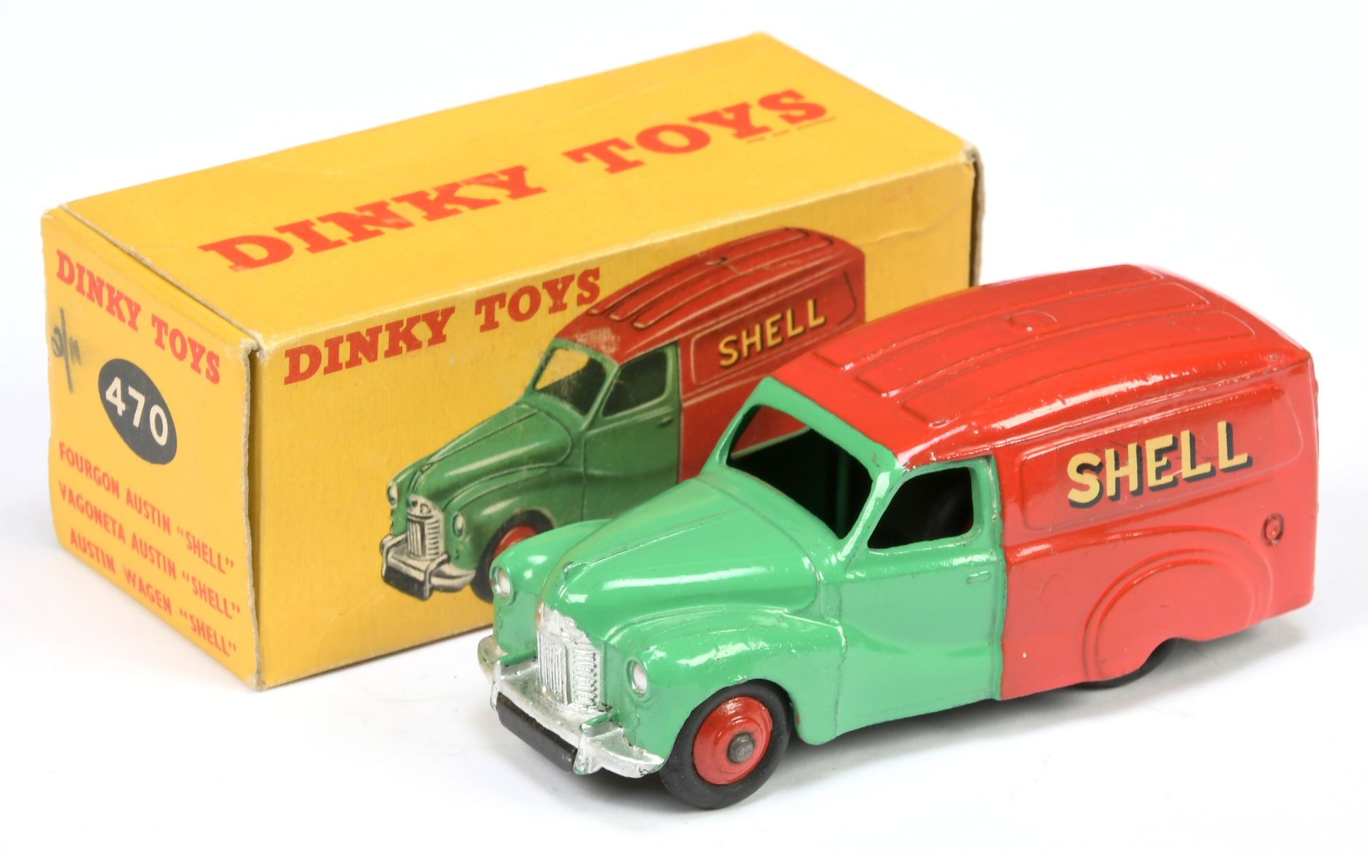 Dinky Toys 470 Austin Van "Shell/BP" - Two-Tone mid green and red including rigid hubs, silver trim