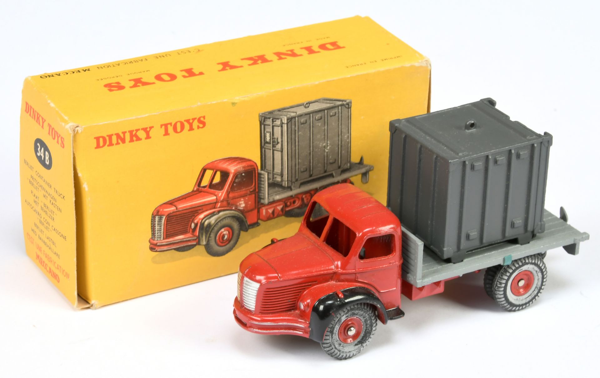 French Dinky Toys 34B Berliet Flat truck With Container - Red cab, chassis and concave hubs, blac...