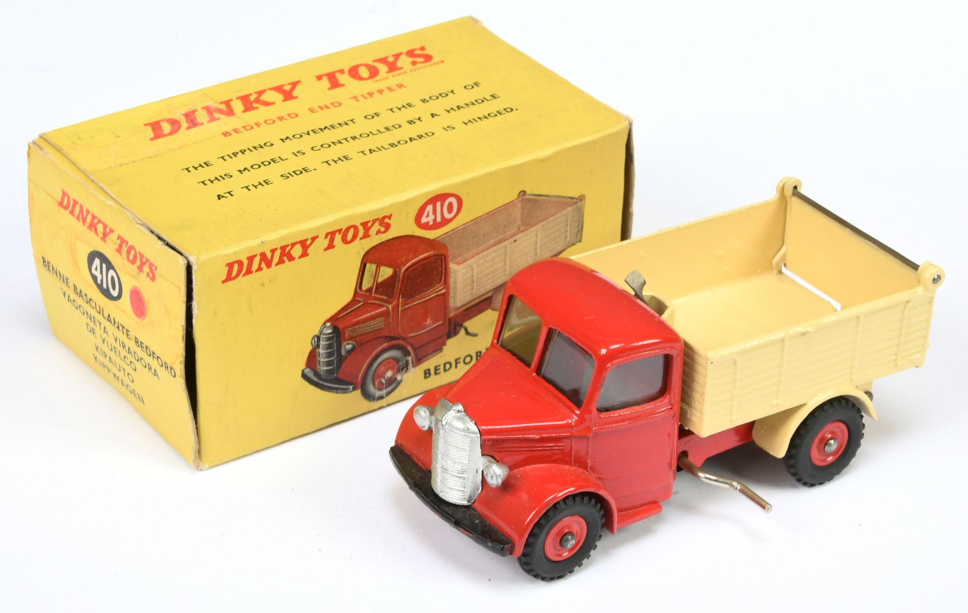 Dinky Toys 410 Bedford End Tipper - red cab, chassis and rigid hubs with treaded tyres, black fro...