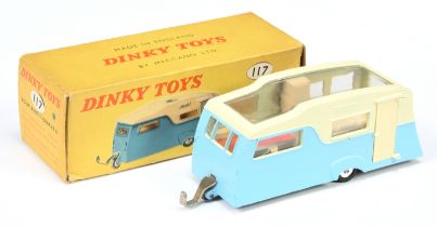 Dinky Toys 117 Four Bert Caravan - Two-Tone Cream over mid-blue, light beige opening side door, r...