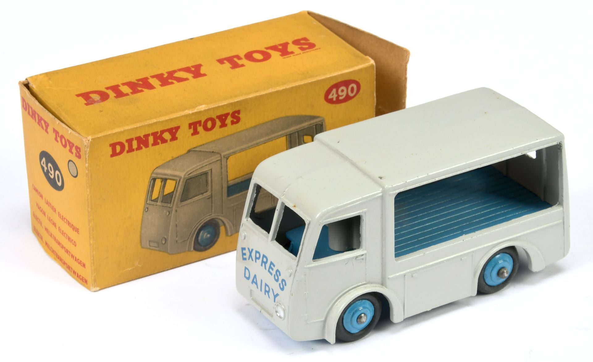 Dinky Toys 490 Electric dairy Van "Express Dairy" - Grey body, mid-blue inner back and rigid hubs