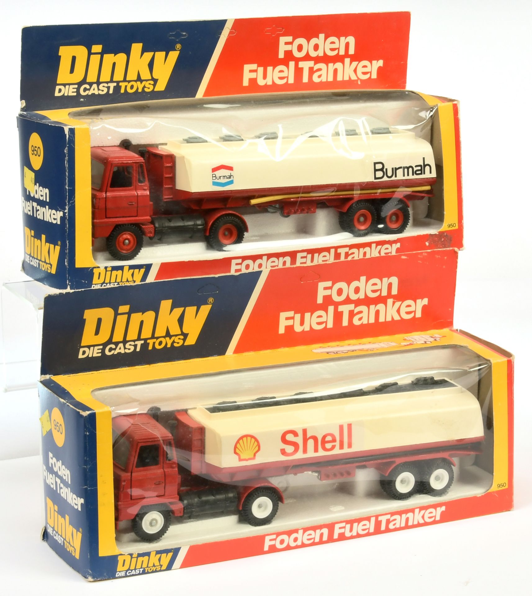 Dinky Toys 950 Foden Articulated Tanker A pair (1) "Burmah" - Red including hubs, grey gantry and...