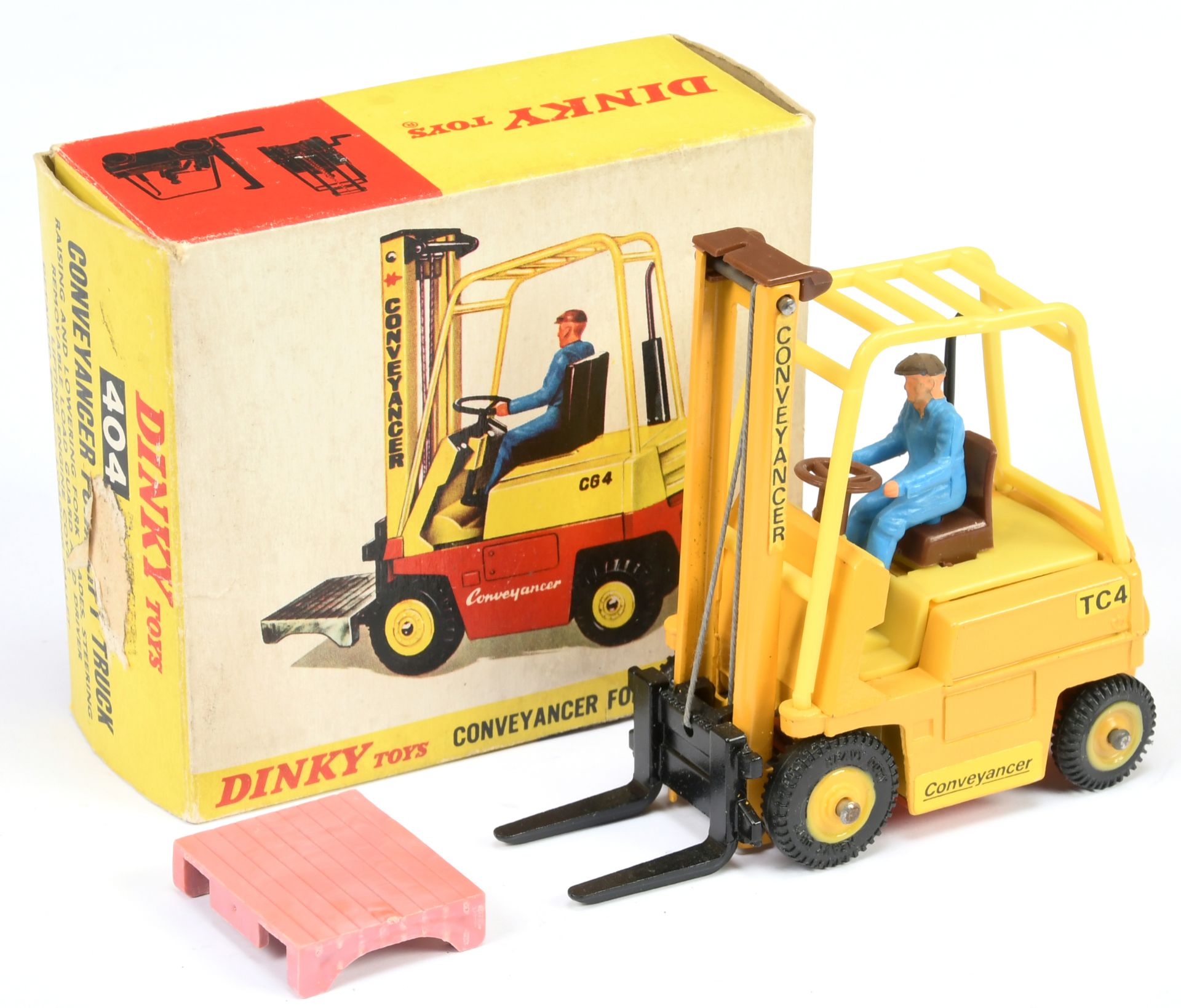 Dinky Toys 404 Conneyancer Fork Lift Truck - Deep yellow body, yellow plastic inner and cage, bro...