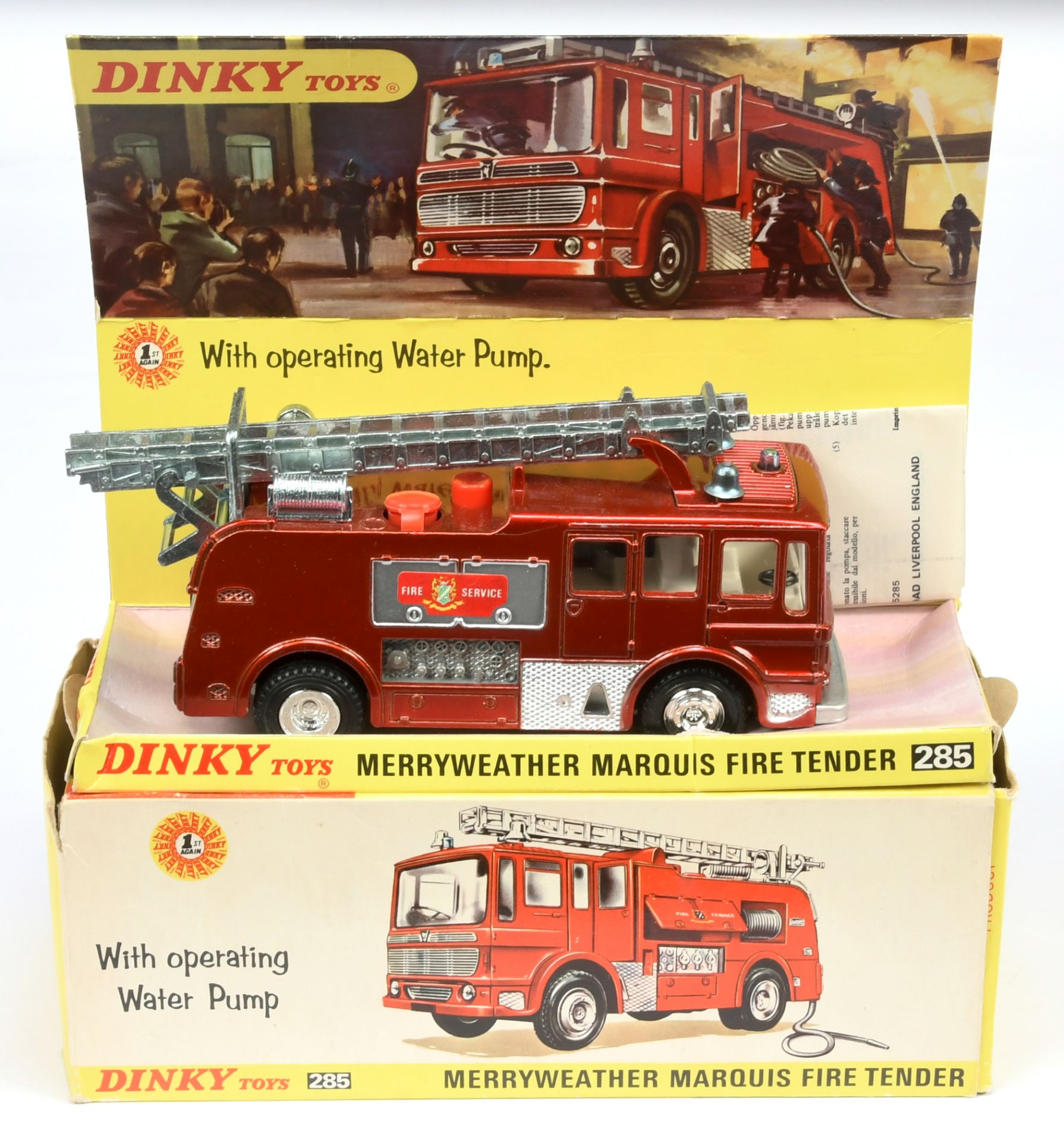 Dinky Toys 285 Merryweather  Marquis Fire Tender - Metallic red, silver and chrome trim, white in...