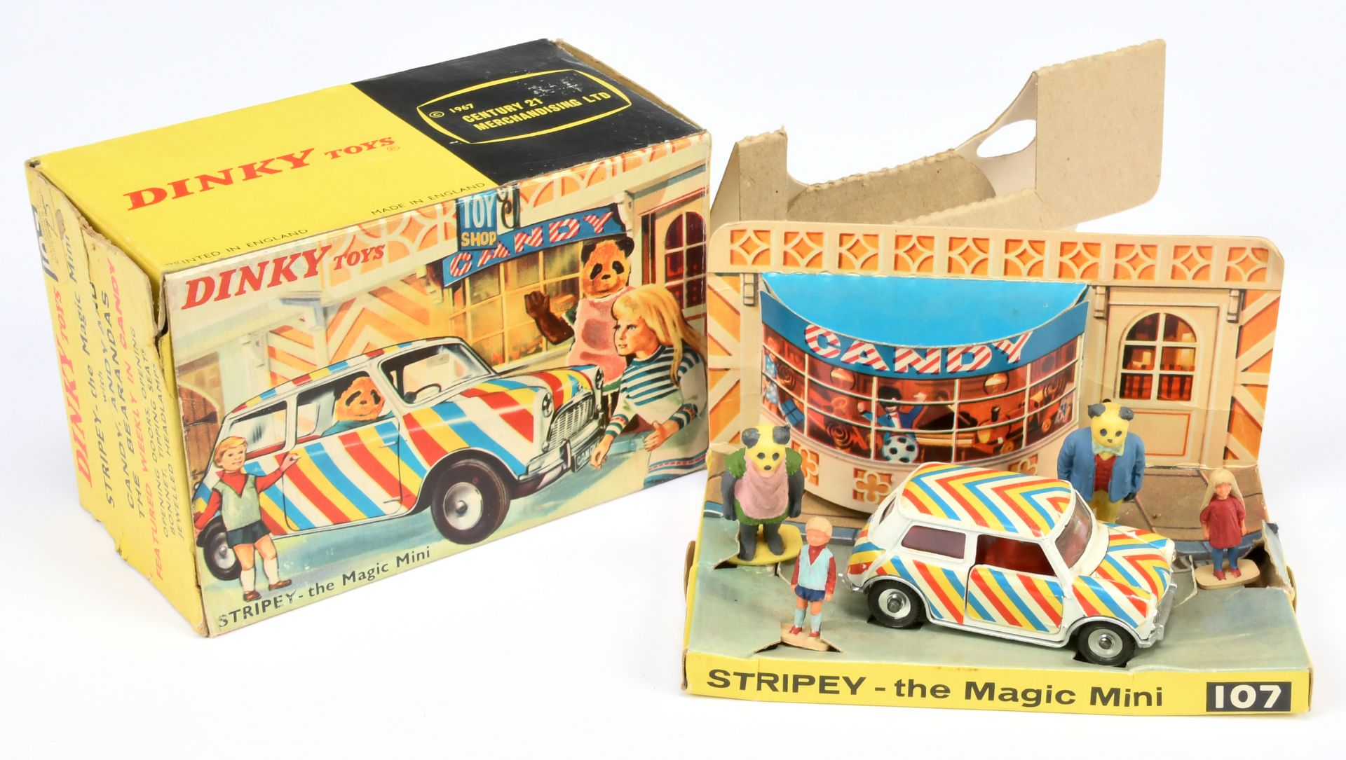 Dinky Toys 107 "Stripey" The Magic Mini - White body with orange, yellow, blue and white stripes,...