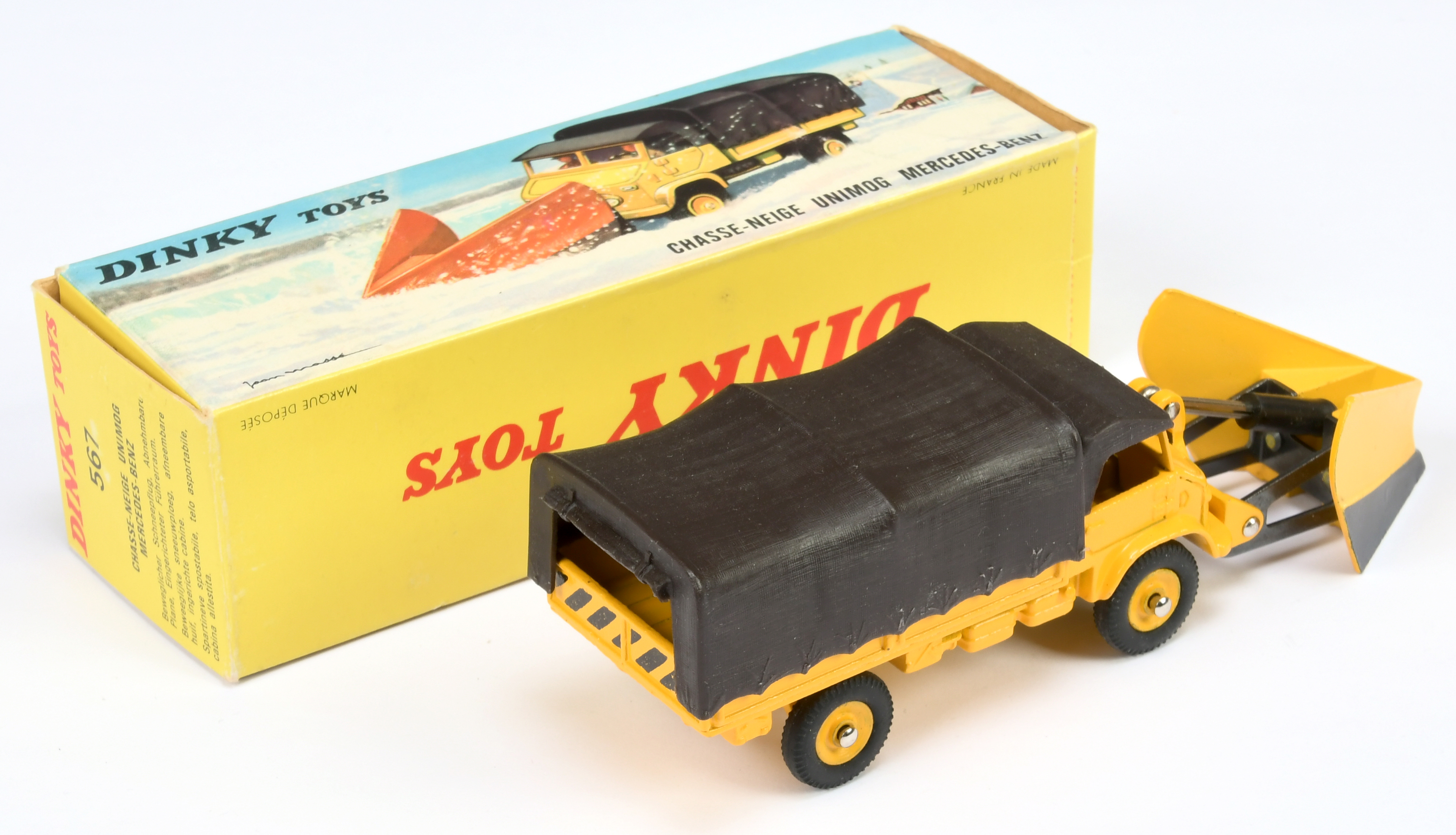 French Dinky Toys 567 Mercedes Unimog With Snow Plough - Yellow cab, body and concave hubs, brown... - Image 2 of 2